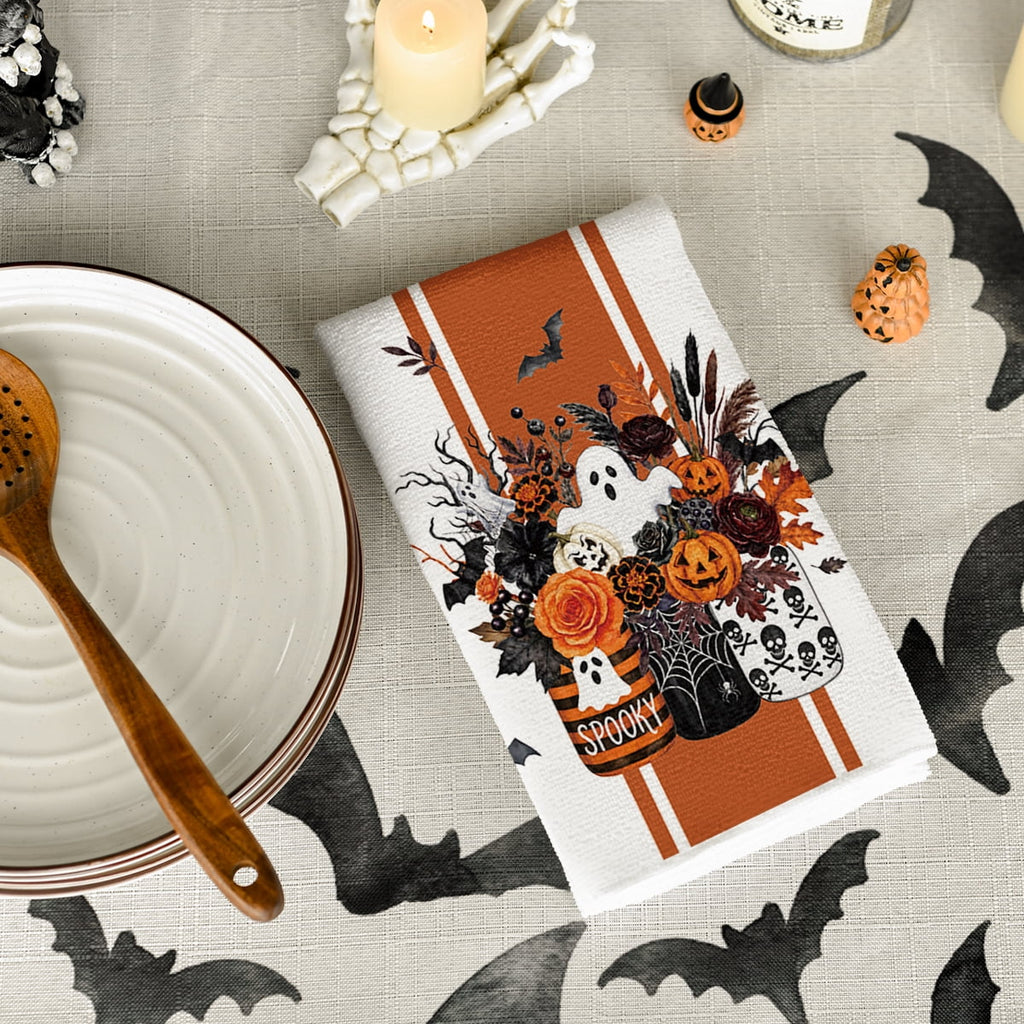 Sm:)e Pumpkin Ghost Bat Happy Halloween Dish Towels Set of 4, 18x26 Inch, Seasonal Holiday Hand Towels for Kitchen and Dining Table