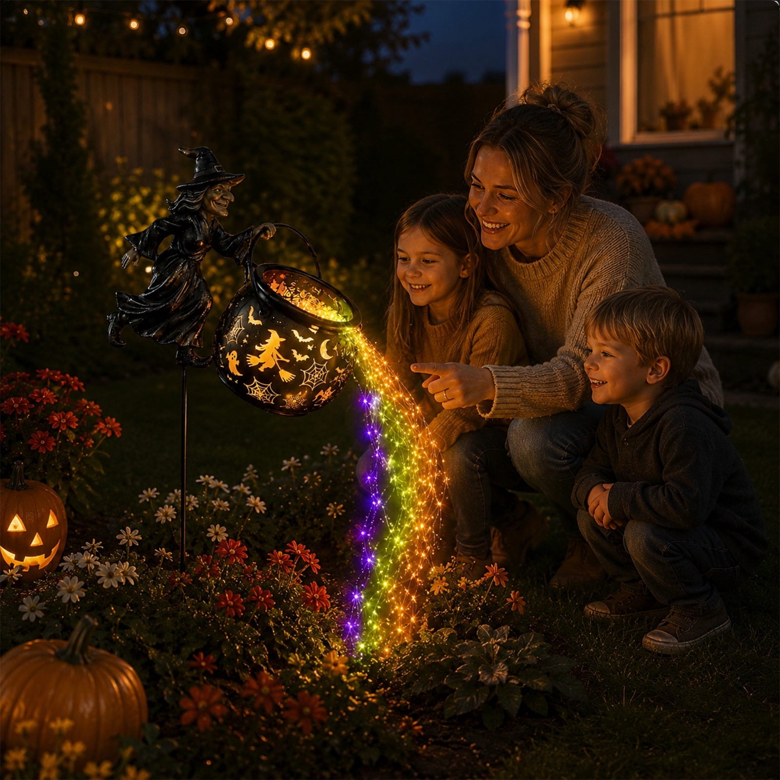Halloween Witch Cauldron Garden Light, 3D Witch Cauldron LED Projector Outdoor Decor, Solar Powered Garden Stake Light with Halloween Shadow Projection Effect