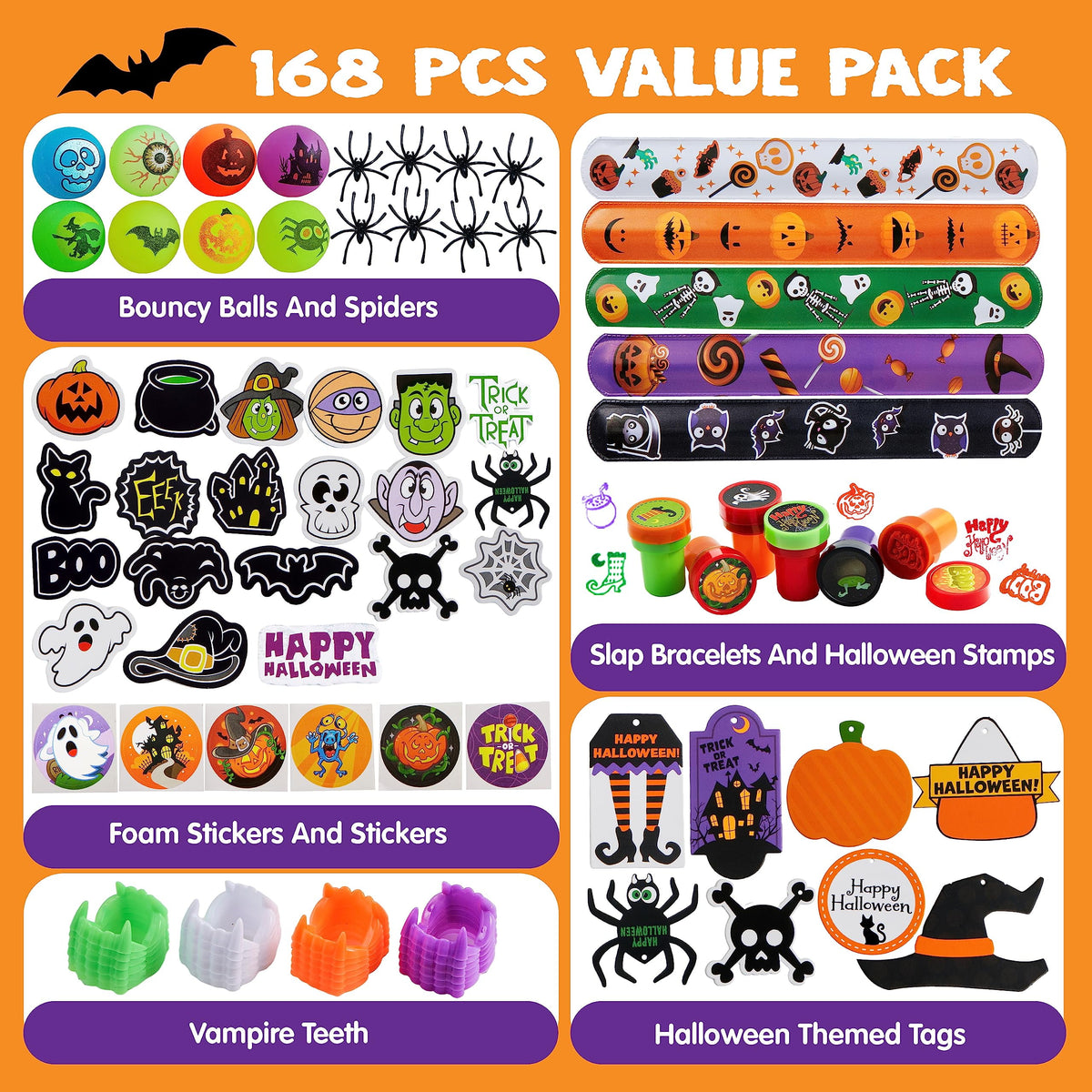 Joyfy 168 Pcs Halloween Stationery Party Favors,Halloween Gifts for Kids,Halloween Goodies Including Halloween Vampire Teeth,Spiders,Stamps,Stickers,Slap Bracelets