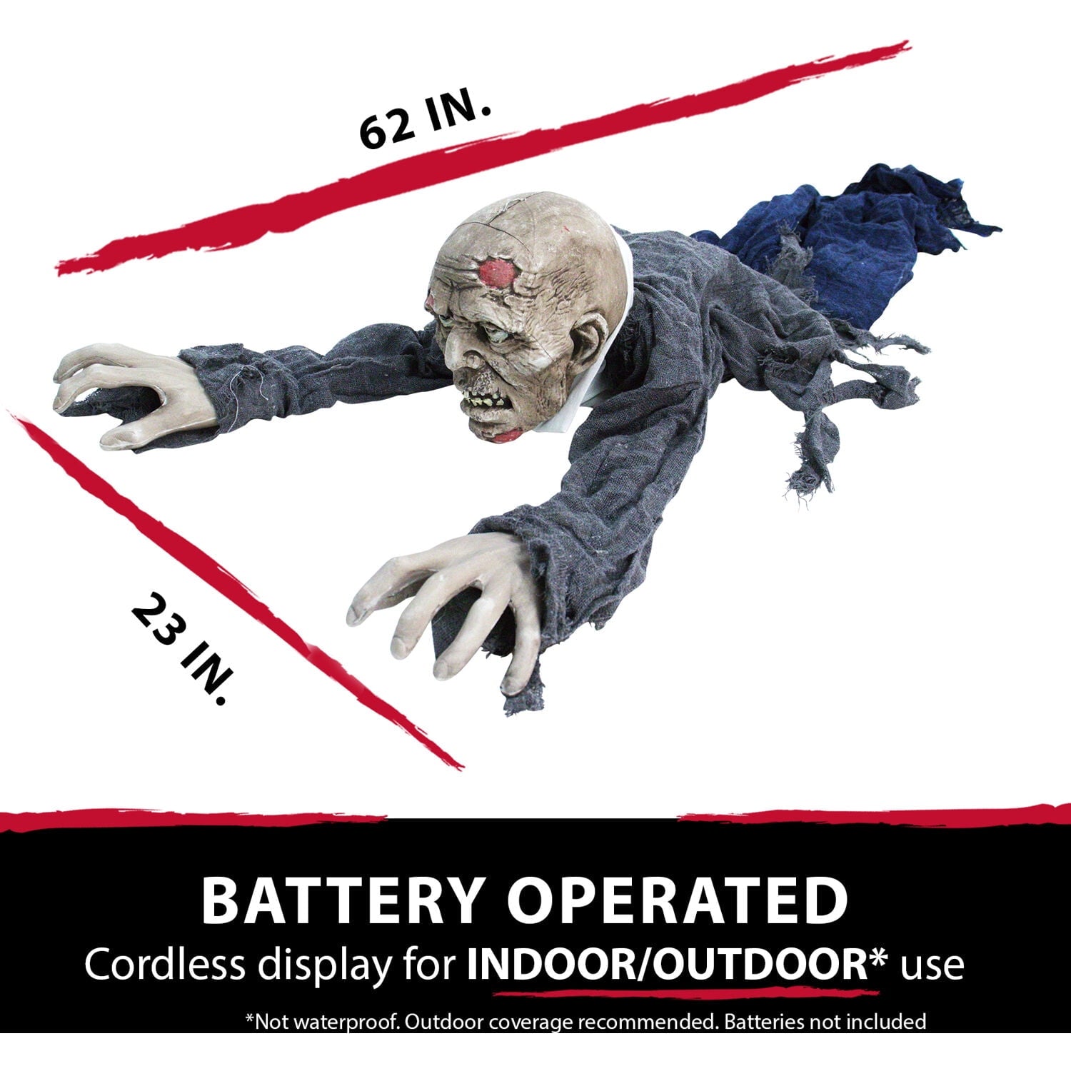 Haunted Hill Farm 5.1 ft Animatronic Zombie, Indoor/Outdoor Halloween Decoration, Flashing Red Eyes, HHGBZOMB-2LSA