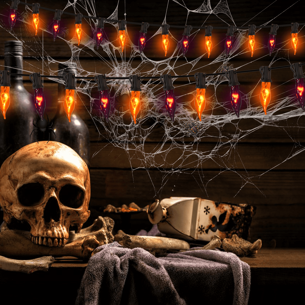 Halloween Lights Flickering Flame String Lights with 12 Pack C7 Orange Flame Light Bulbs (2 Spare), 12.8Ft Orange Flame String Lights for Indoor Outdoor Home Party Yard Halloween Decorations