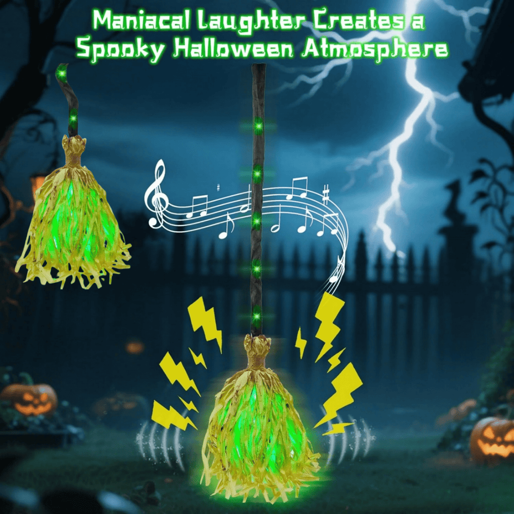35" Animated Halloween Witch Broom - Light up Dancing Grean Broomstick with Sounds | Halloween Decor for Indoor & Outdoor Porch 1PC