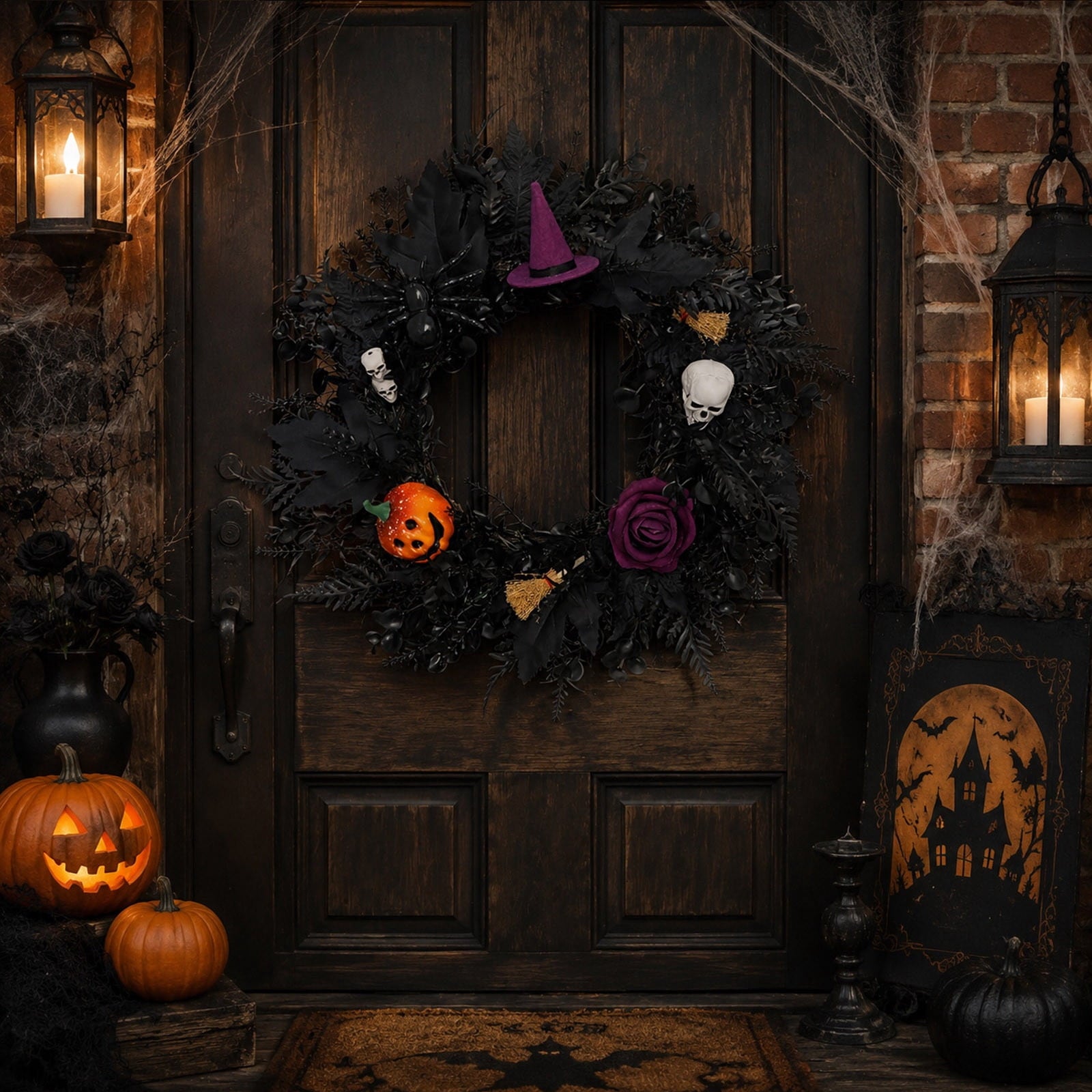 Boovnll Halloween Wreath, 18" Horror & Novelty Handmade Black Twig Glitter Bats Halloween Wreaths for Front Door Fireplace Wall Porch Party Decor, Halloween Decorations