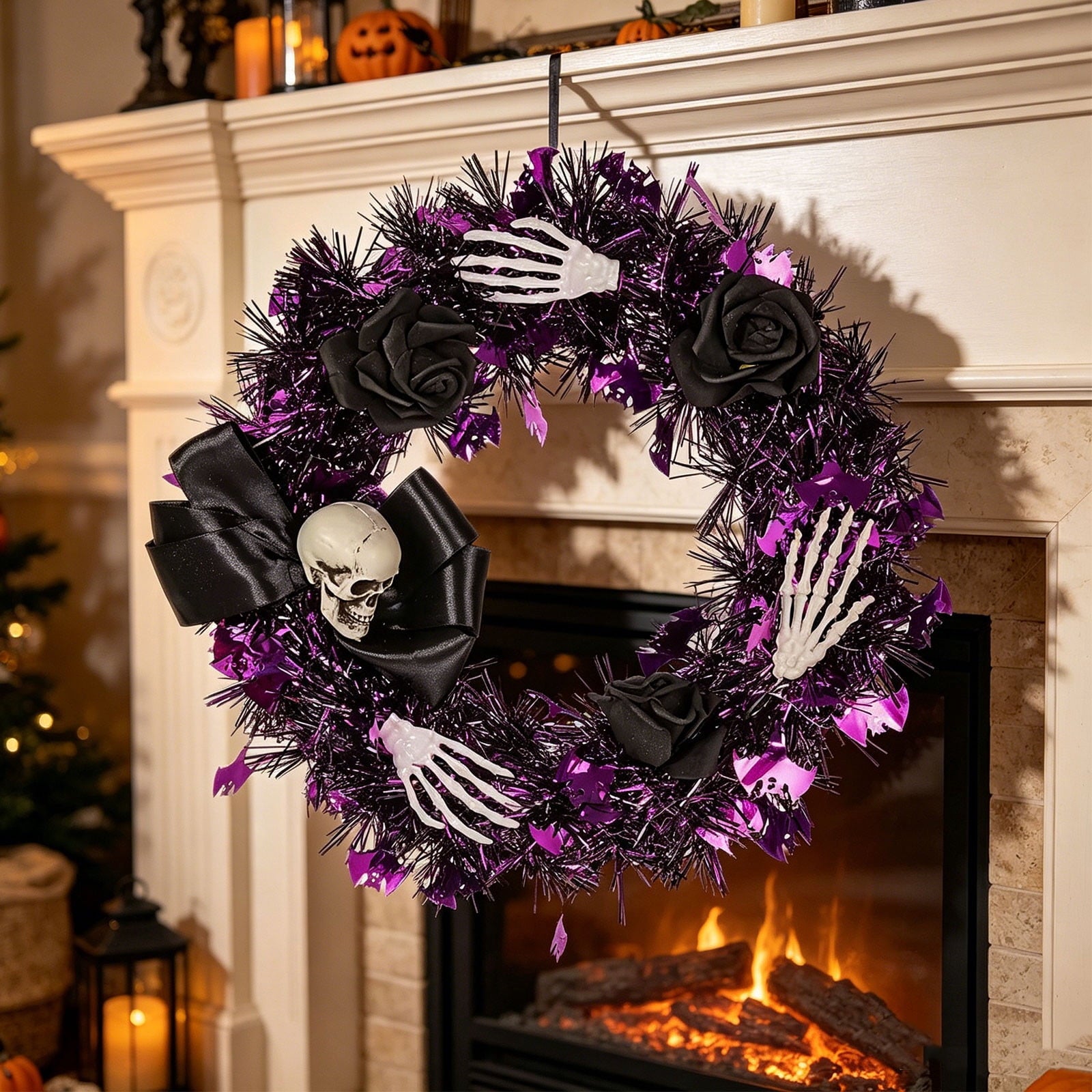 Boovnll Halloween Wreath, 18" Horror & Novelty Handmade Black Twig Glitter Bats Halloween Wreaths for Front Door Fireplace Wall Porch Party Decor, Halloween Decorations