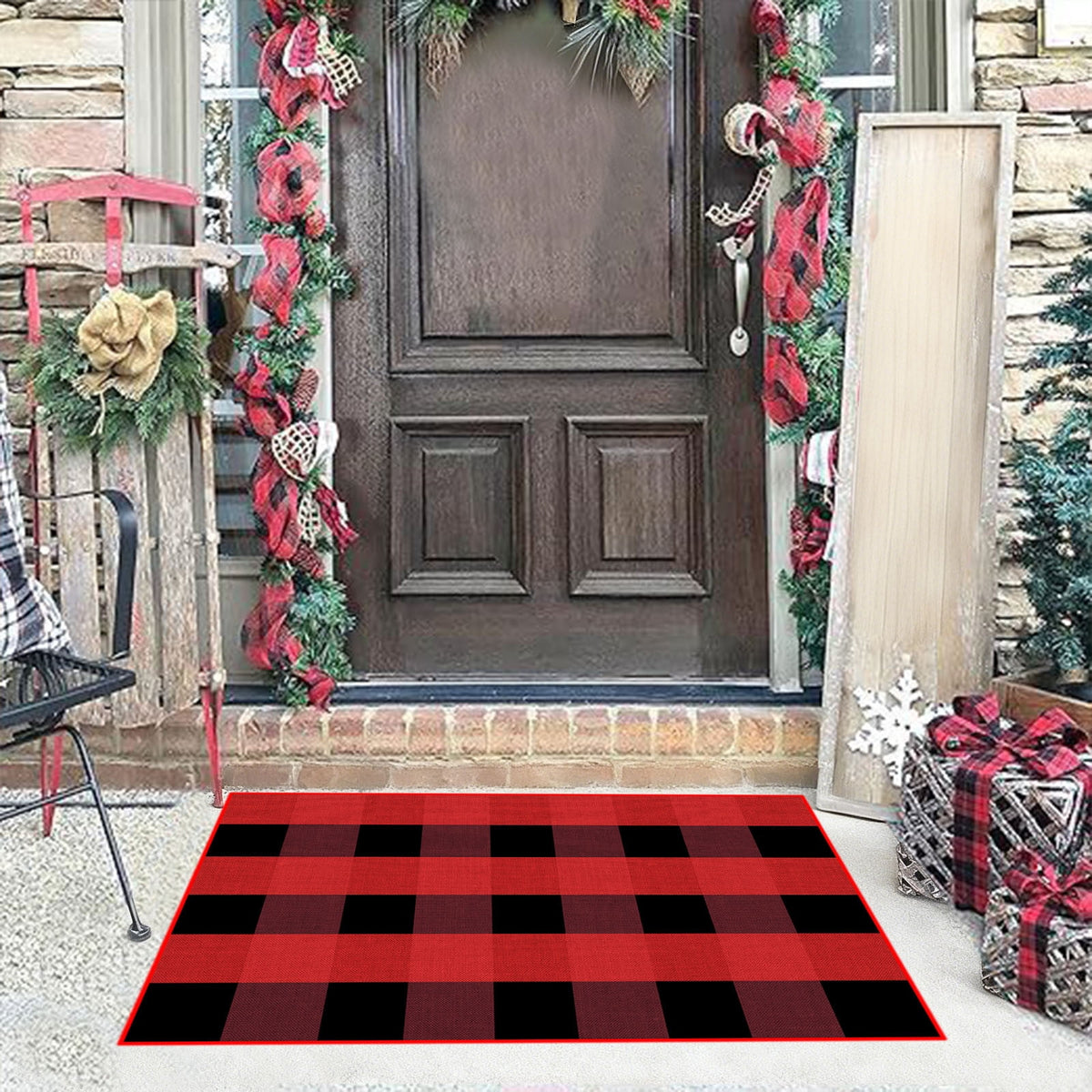 Orange Plaid Fall Outdoor Mat, Hand-Woven Porch Rug for Thanksgiving Halloween Door Decor