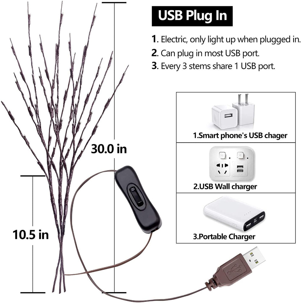 3PK 60 Inch LED Branch Lights with USB Plug, Warm White Twig Willow Branches for Vase, Artificial Tree DIY Decorative Lights