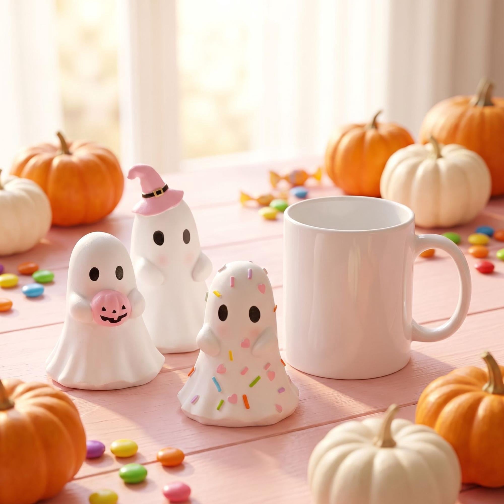 Pink Halloween Decor Ghost Candy Bowl Figurine with Bow and Scalloped Holder for Indoor Tabletop Decor and Party Favor Display