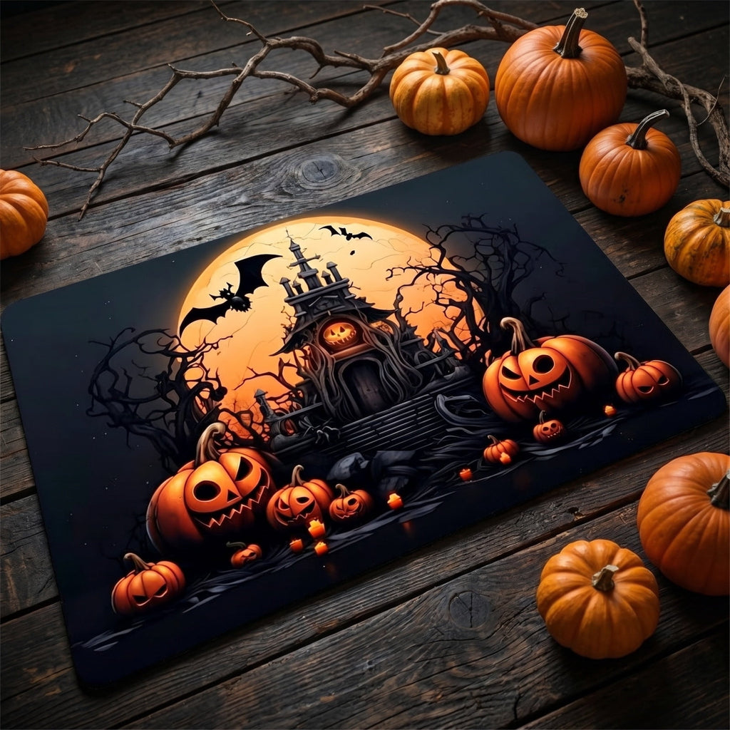 Halloween Themed Doormat Entryway Rug, Spooky Pumpkin Front Door Mat for Trick or Treaters, Non Slip Washable Mat for Indoor and Outdoor, Festive Halloween Floor Decoration for Home