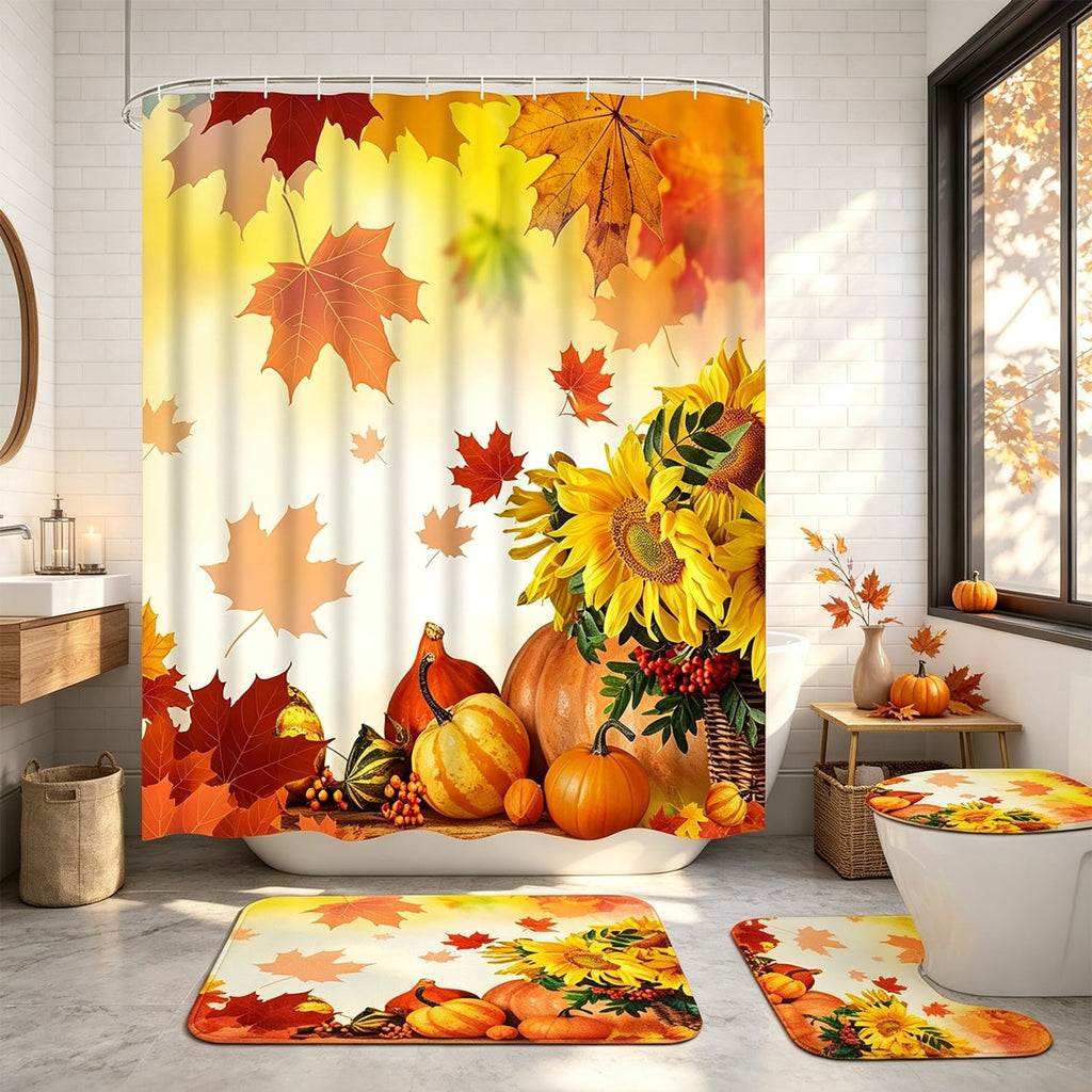 FRAMICS 16-Piece Fall Shower Curtain Sets with Rugs, Maple Leaves Pumpkin Bathroom Sets, Waterproof Fabric Bathroom Curtain Decor with Hooks