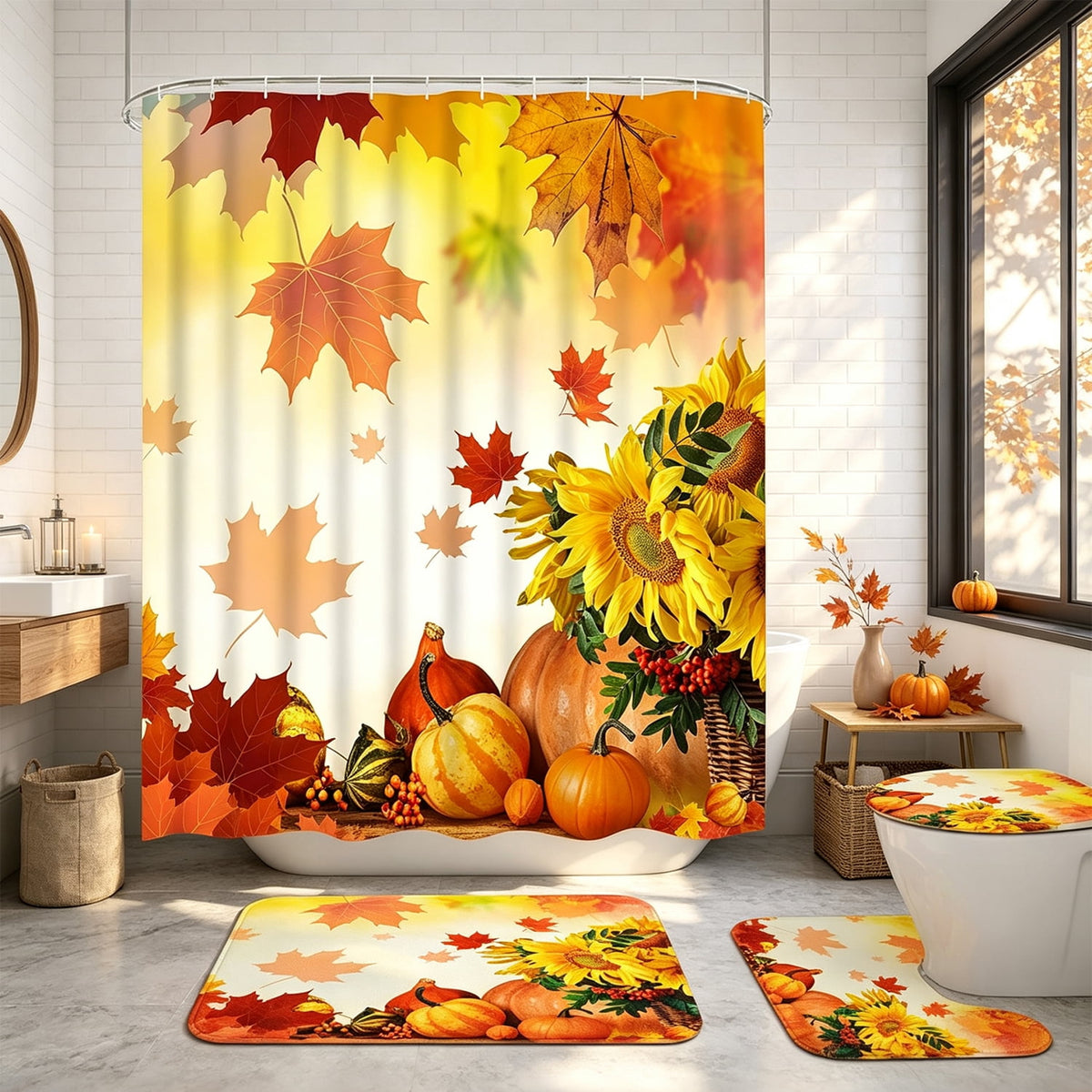 FRAMICS 16-Piece Fall Shower Curtain Sets with Rugs, Maple Leaves Pumpkin Bathroom Sets, Waterproof Fabric Bathroom Curtain Decor with Hooks