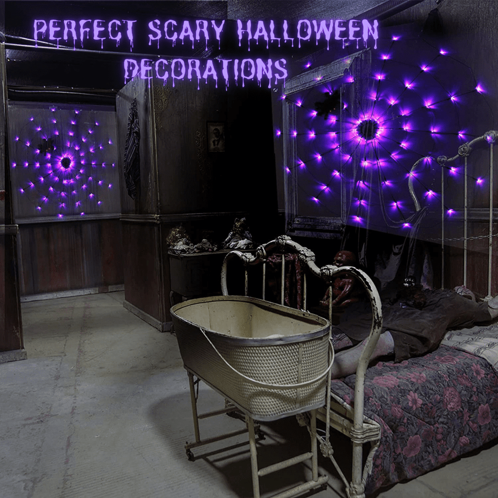 16.4Ft Large Spider Webs Halloween Decorations Lights, Outdoor Battery Operated Purple Halloween String Lights with 8 Modes Remote Control 125 LEDs Spiderweb,60" Large Spider,Waterproof (Purple)