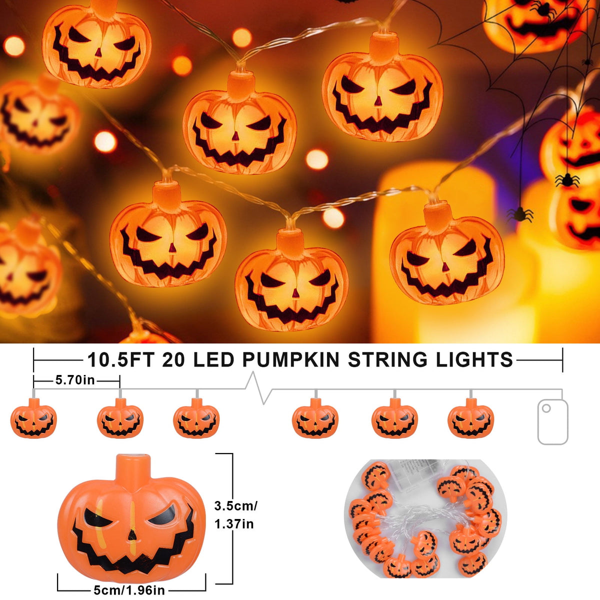 Qoosea Halloween Pumpkin String Lights, 20 LED 10.5ft 8 Modes Waterproof Orange Halloween Decorations Outdoor Indoor Bedroom Camper Party Decor