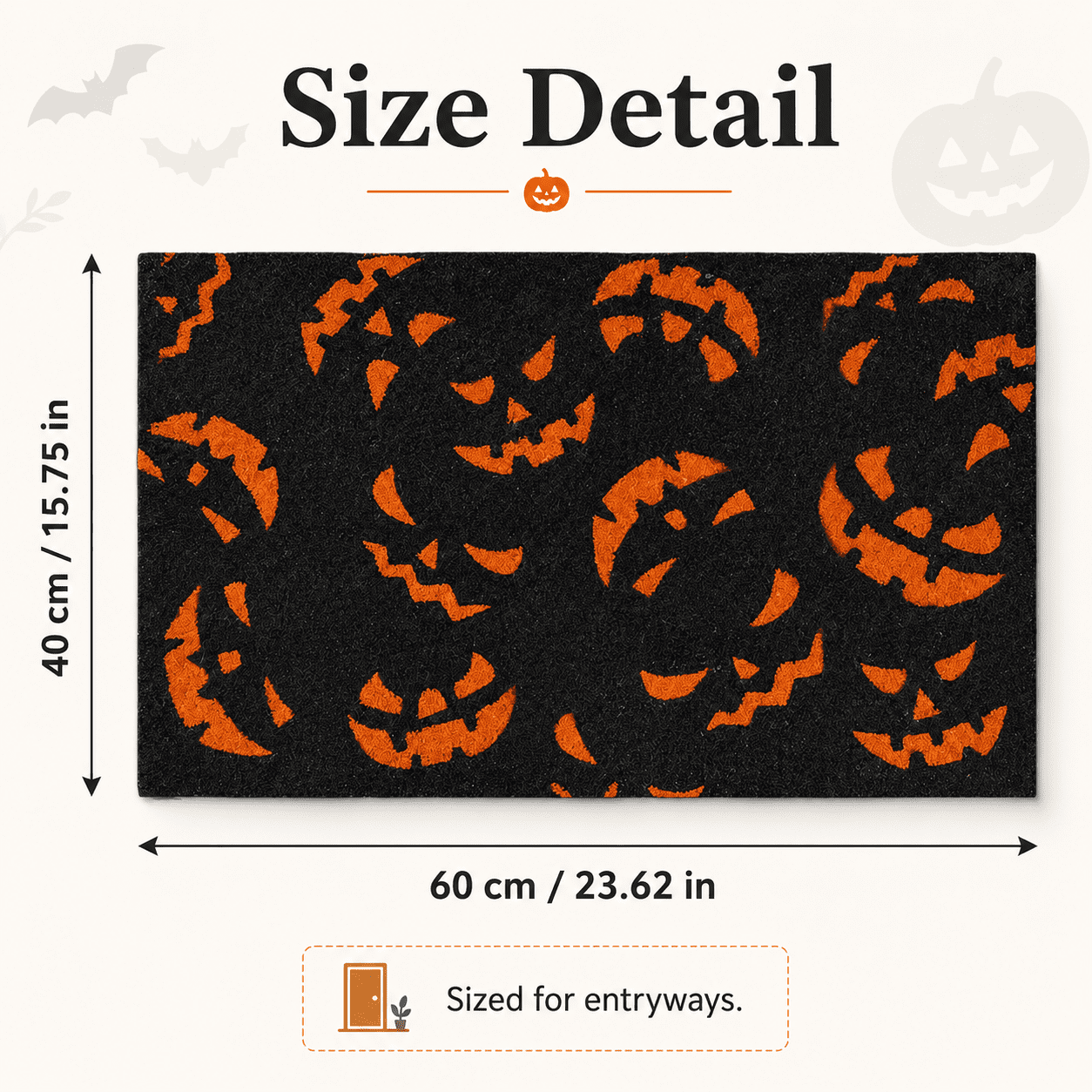 Doormat with Black and Orange Pumpkin Face Pattern, Durable Fiber Material for Outdoor Porch Front Door, Festive Halloween Decor,40 x 60 cm