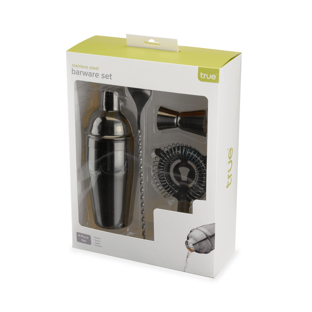 True 4 Piece Black Stainless Steel Barware Set - Cocktail Shaker & Accessories