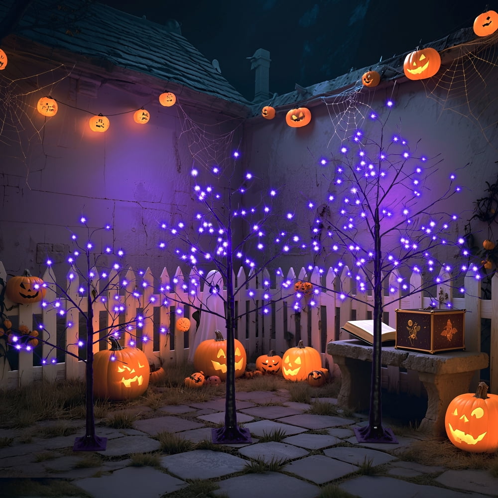 3-Pack Black Adjustable Branches Trees with Purple LED Lights, 4FT 5FT 6FT Pre-Lit Spooky Tree Set for Indoor Halloween Christmas Decor