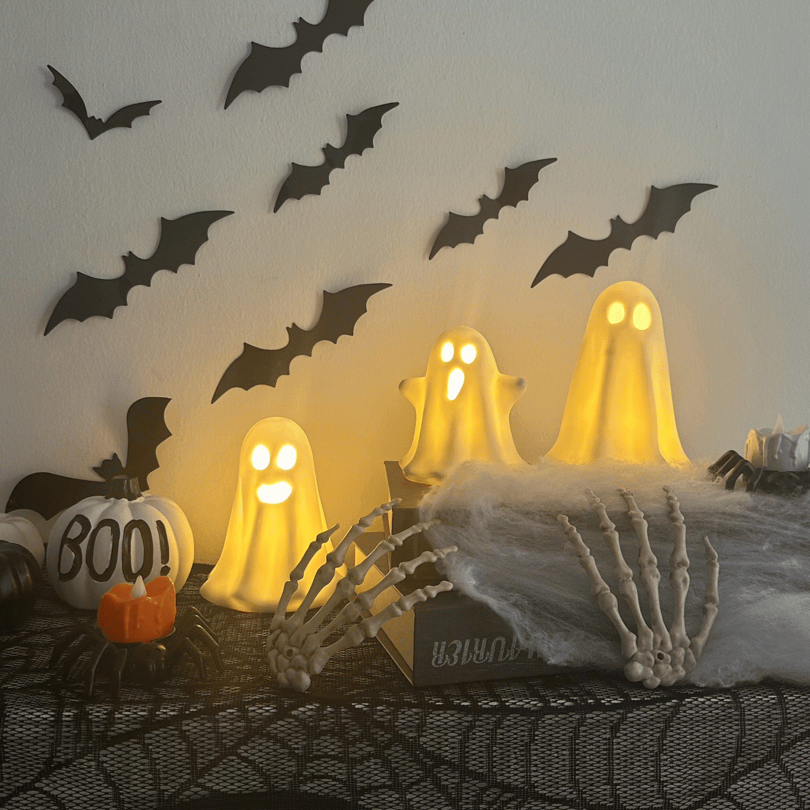 3 Pack Halloween Ceramic Ghost Decor, Cute Halloween Ghost with LED Lights, Small Ghost Spooky Figurines for Halloween Tabletop Centerpieces Fireplace Indoor Decoration