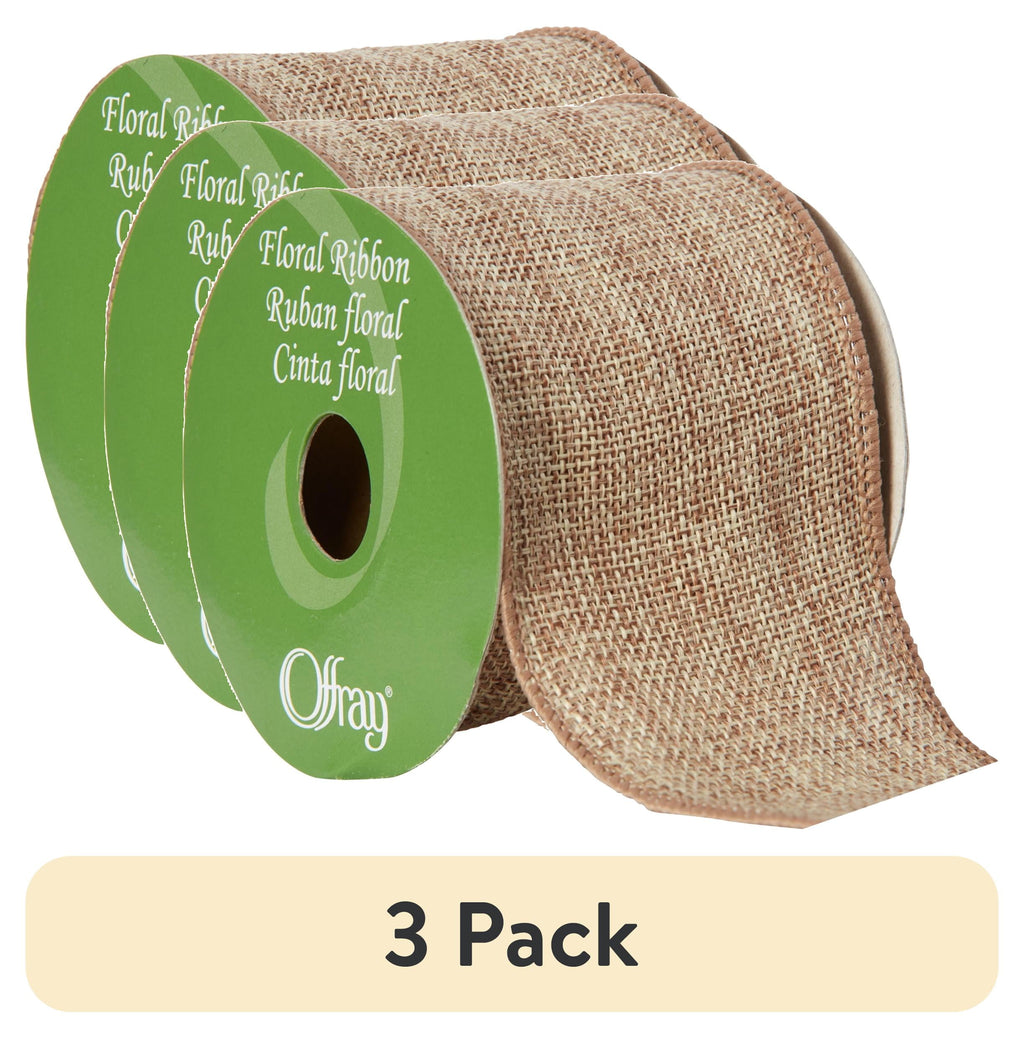 (3 pack) Offray Ribbon, Natural 2 1/2 inch Wired Linen-Look Ribbon for Floral, Crafts, and Decor, 12 feet, 1 Each
