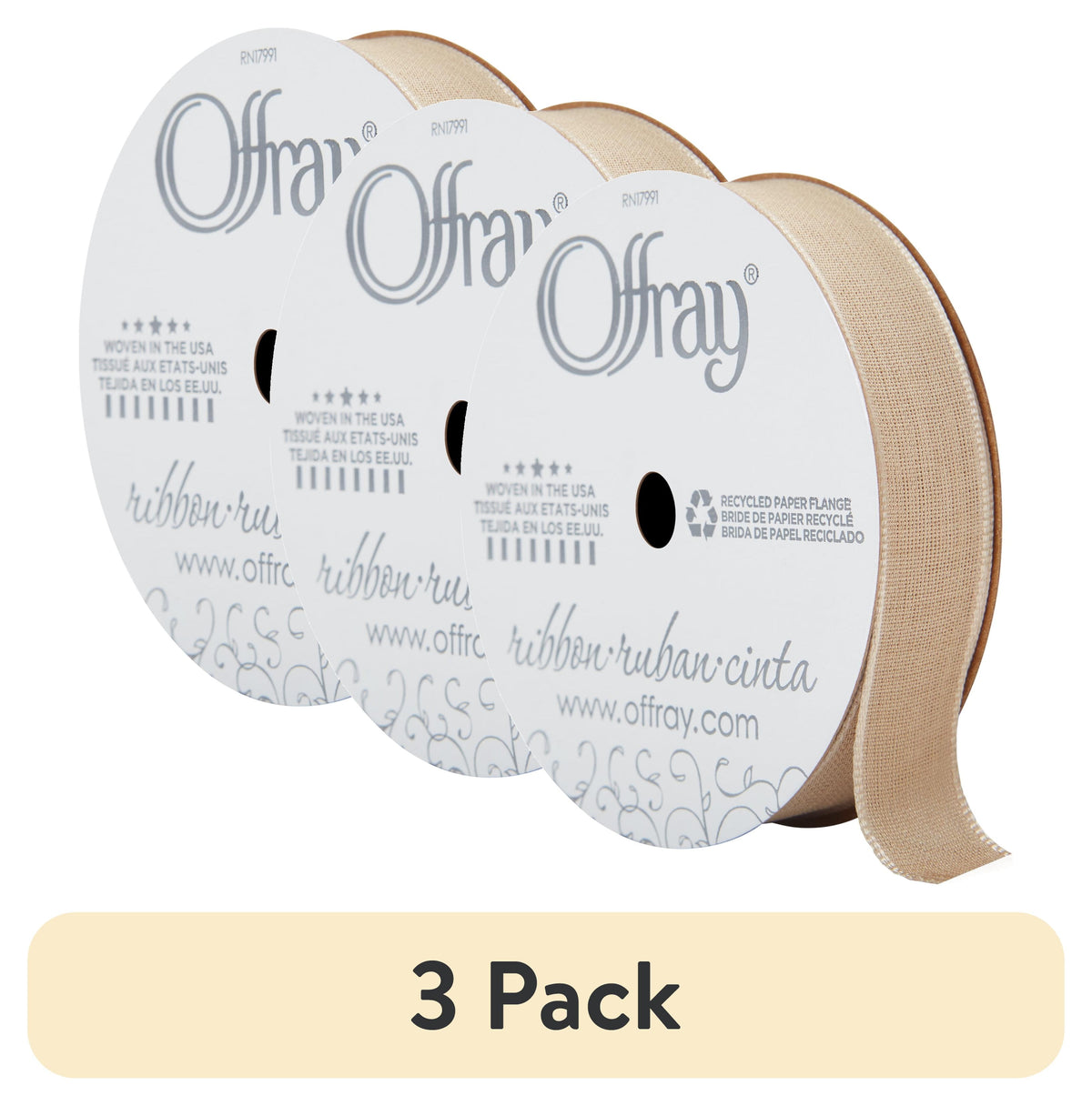 (3 pack) Offray Ribbon, Oatmeal Brown 5/8 inch Woven Ribbon, 12 feet
