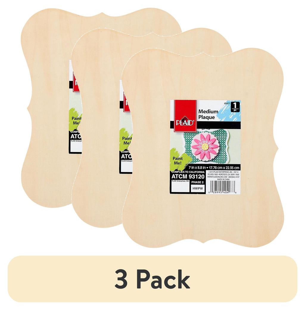 (3 pack) Plaid Unpainted Wood Surface, Medium Die Cut Plaque, 1 Piece, 8.75" x 6.63"