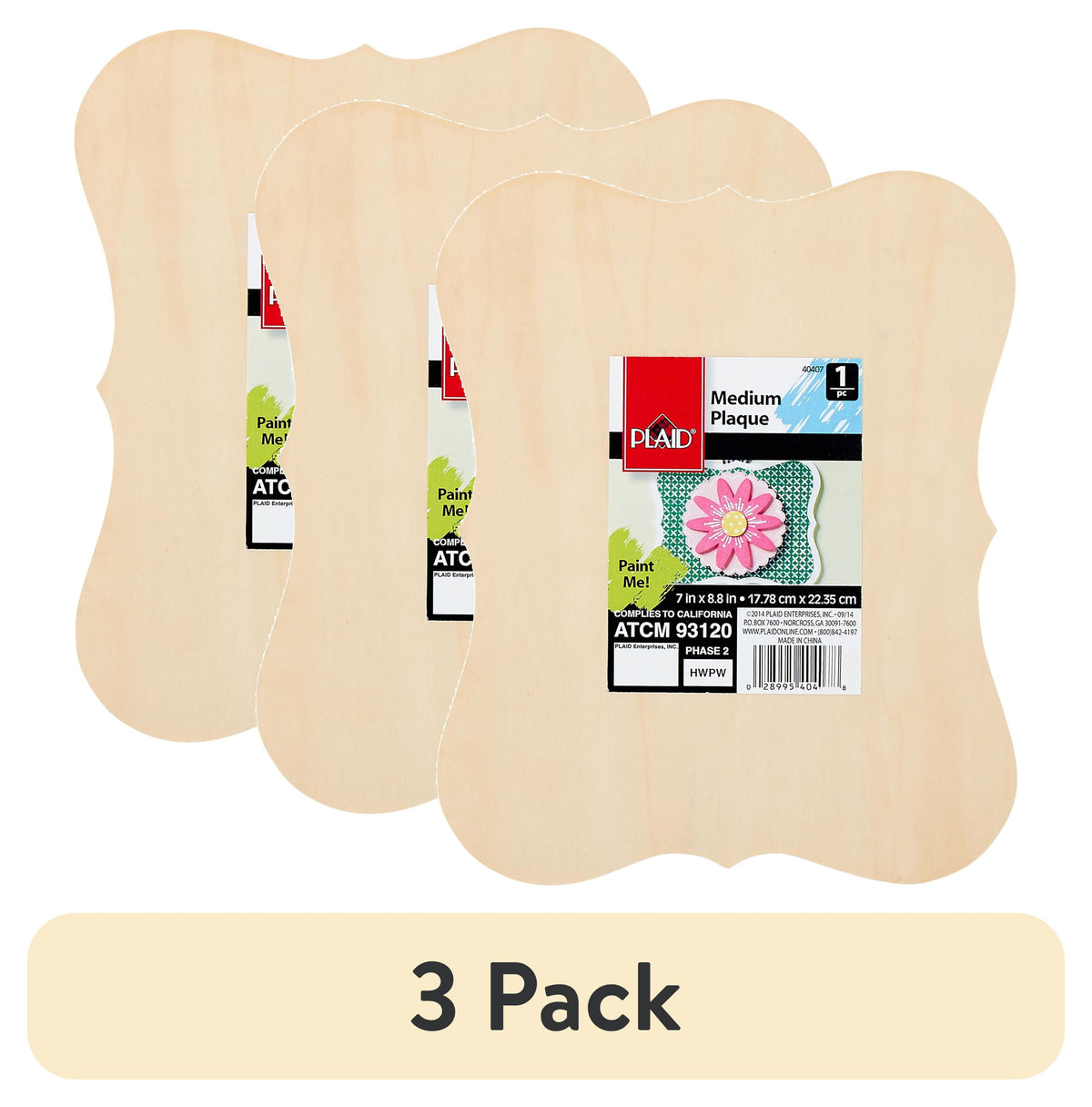 (3 pack) Plaid Unpainted Wood Surface, Medium Die Cut Plaque, 1 Piece, 8.75" x 6.63"