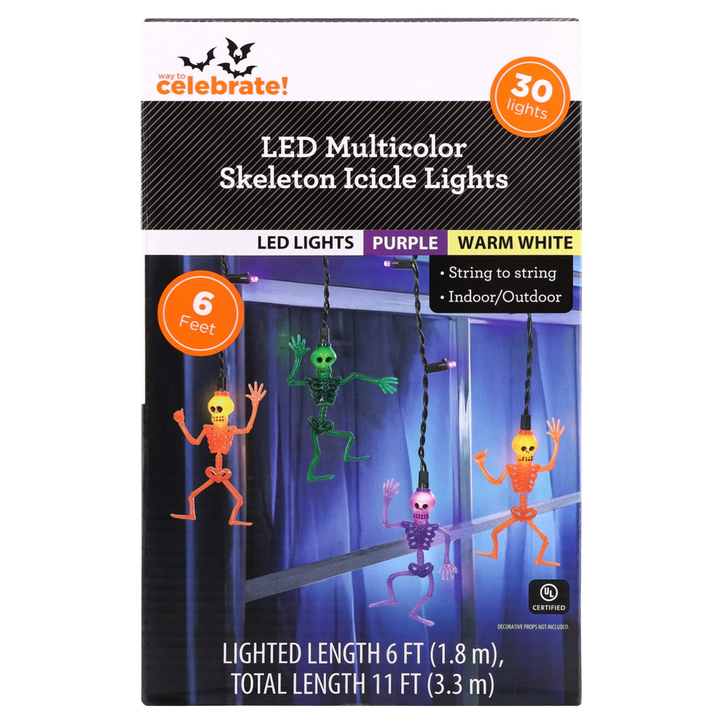 Indoor/Outdoor 30-Count LED Skeleton Icicle Lights, Purple and Warm White, 6', Halloween by Way To Celebrate