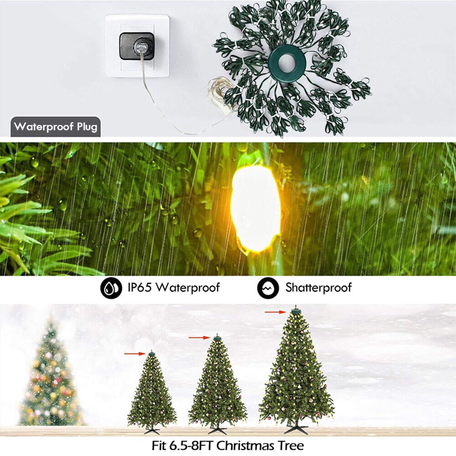IC ICLOVER Christmas Tree String Lights Decorations with Ring Smart APP, 200 LED Waterfall Lights IP65 Waterproof Multi-Modes with Remote Color Changing Lights for Wedding Yard Party Home Holiday