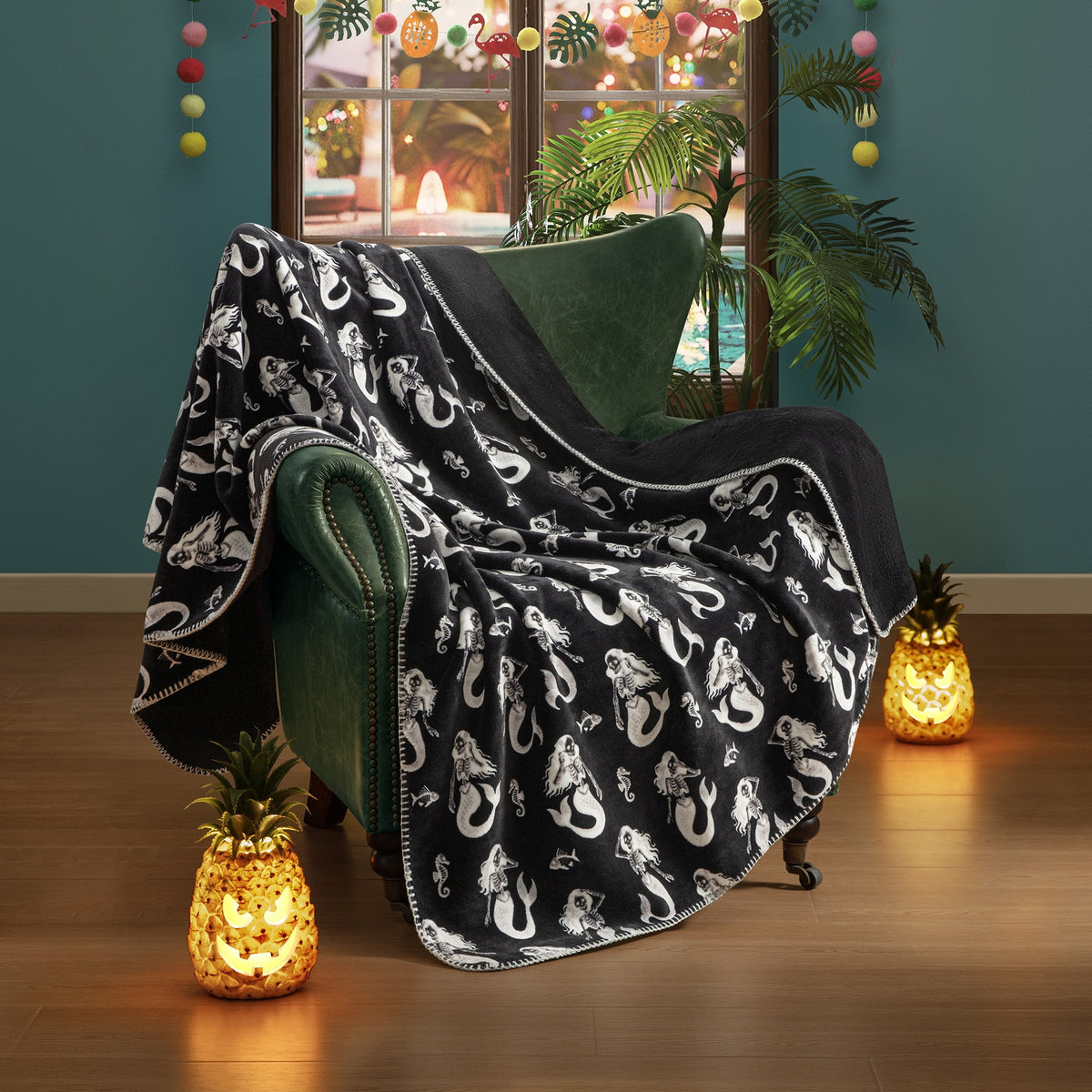 Boo-tique Soft Throw Blanket, Plush Fleece Blanket, Halloween Mermaids, Black, 50" x 72"