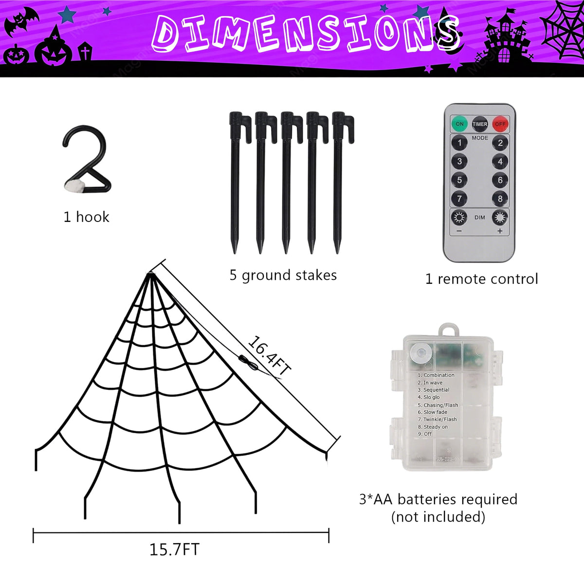 DAYBETTER Halloween Spider Web Lights, 5FT Giant Spider, 250 LED Holiday Lights, Remote Control Waterproof for Indoor Outdoor Yard Party Halloween Decorations (Purple & Orange)
