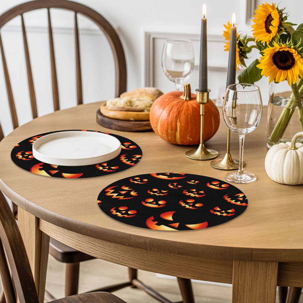 Halloween Round Placemats Set of 4 Spooky Jack-O-Lanterns Place Mats Washable Woven Placemat Orange Black Scary Pumpkin Grimace Circle Braided Table Mat for Kitchen Dining Table Party Decor 15 Inch
