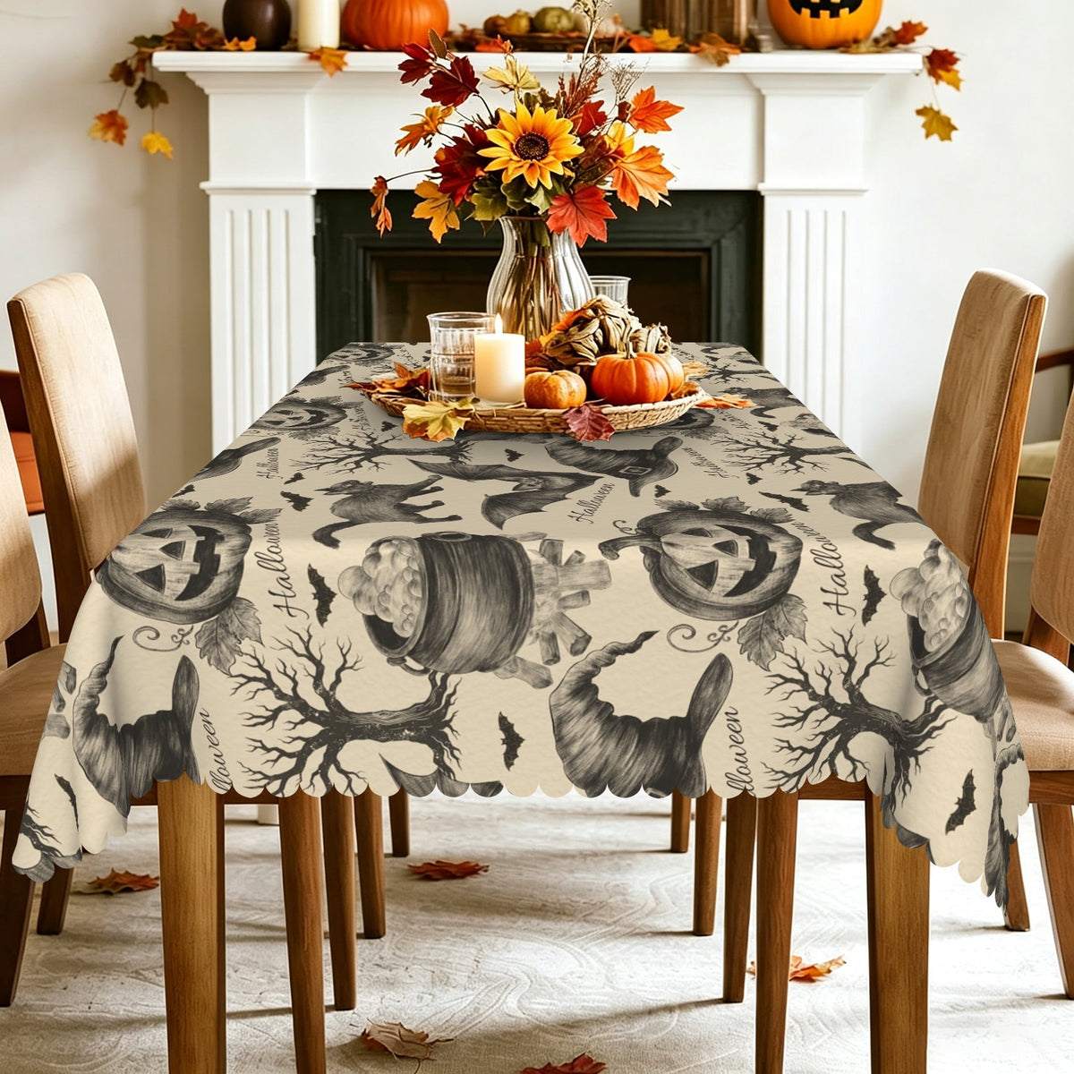 Pbobriich Vintage Halloween Tablecloth, Witch Hat Bat, Holiday Kitchen Dining Room Party Decor, 60x84