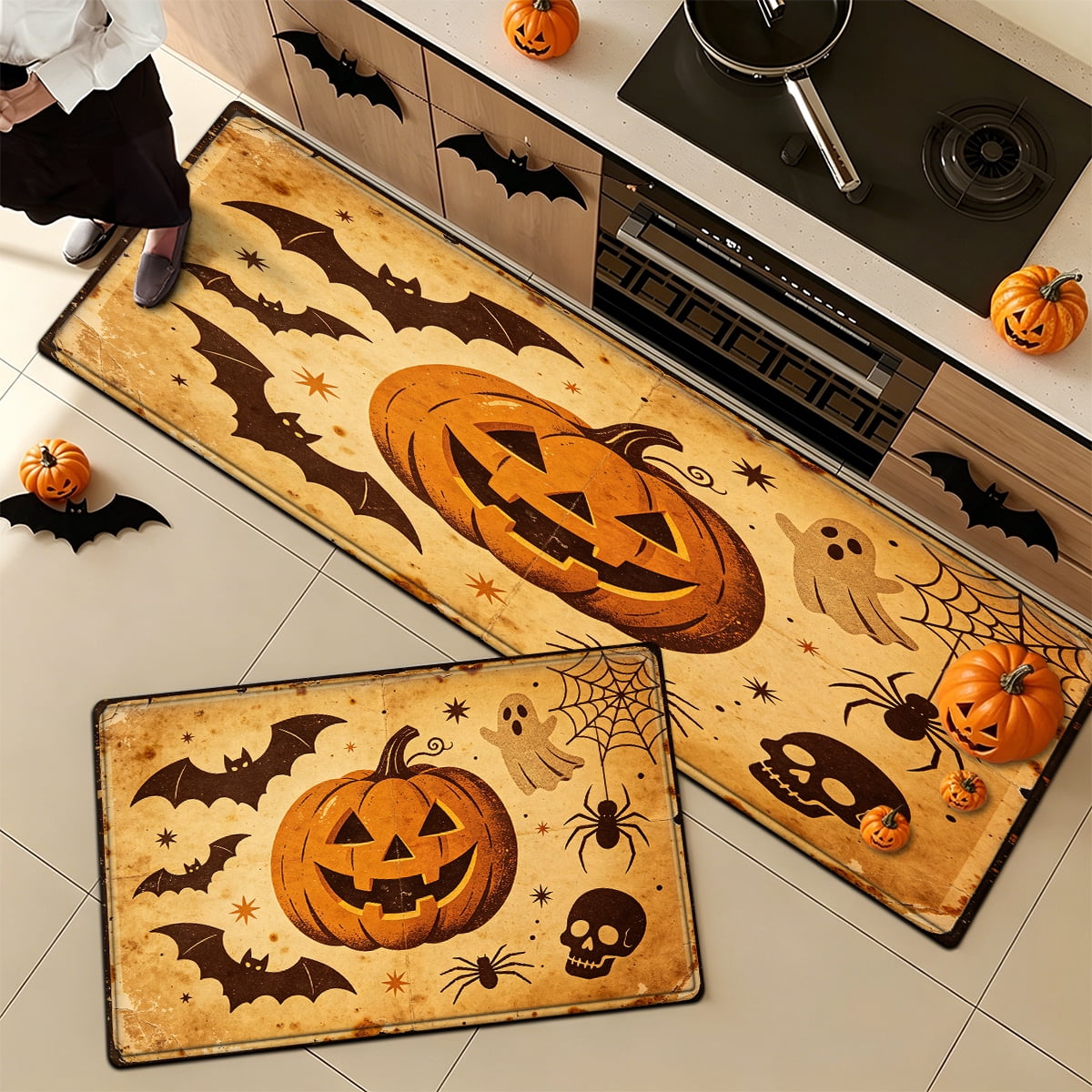 YIMEIS Halloween Neon Pumpkin Lanterns 3Pcs Flannel Mat & Kitchen Rugs Set,Soft Non-slip,16''×24'' 20''×30'' 17''×47'' Inches,for Entryway Bathroom