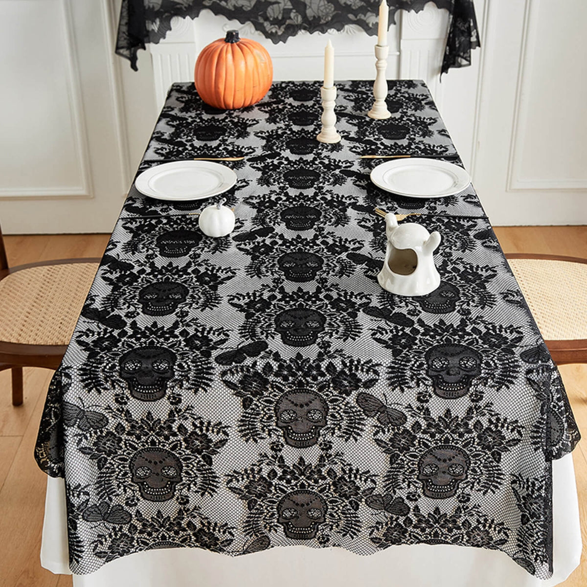 Halloween Lace Tablecloth 86.61x39.37" - Reusable Skull Print Gothic Party Table Cover for /Dinner Decor