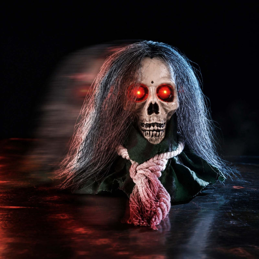 Animated Walking Skull Head with Light-Up Red Eyes Creepy Moving Halloween Prop with Long Grey Hair Horror Music Motorized Resin Decoration for Party Yard Indoor Outdoor Spooky Decor Gift