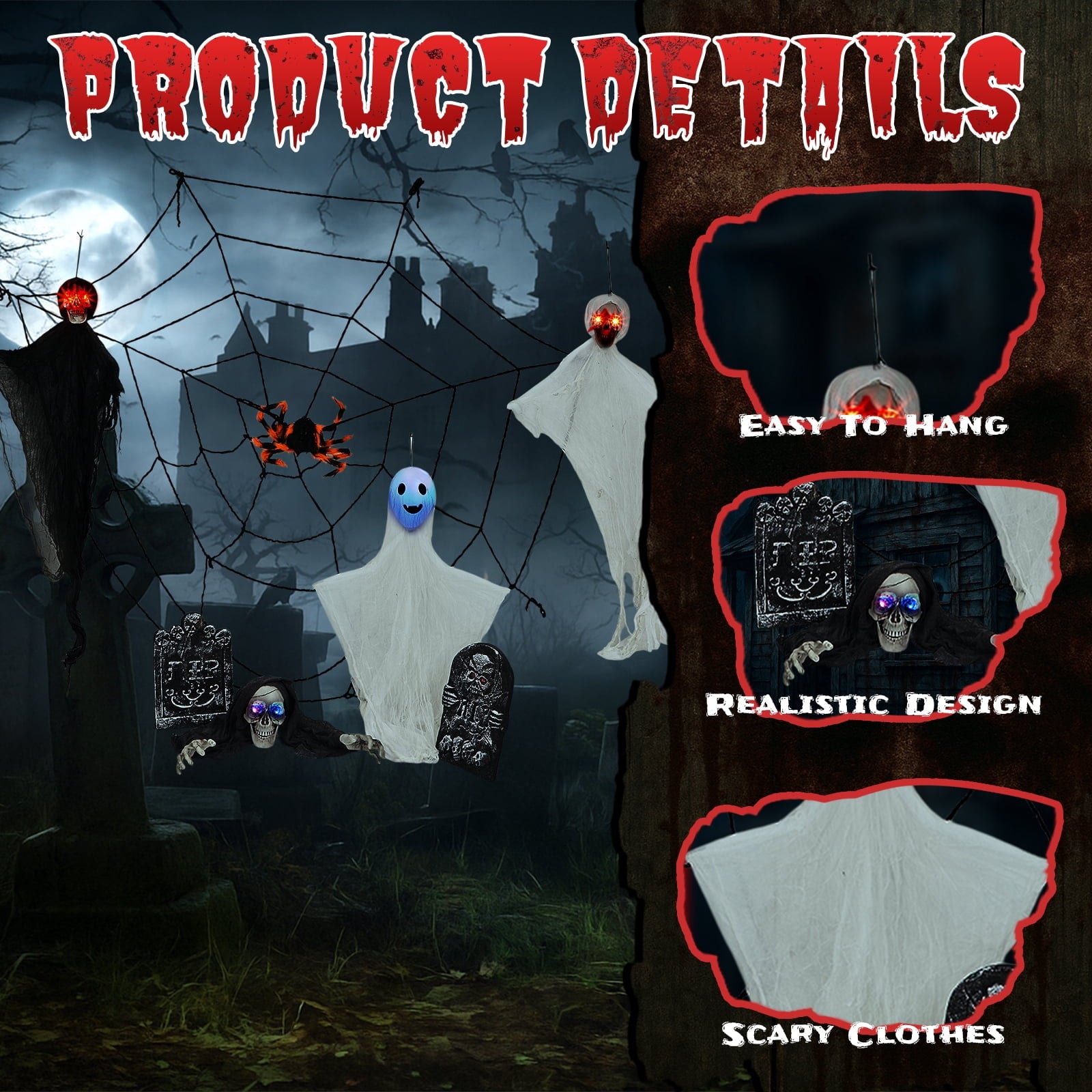 Ktaxon 4ft Halloween Outdoor Decoration Ghost Set Hanging Animated Decoration 8pcs Creepy Set w/ Pre-Recorded Screaming