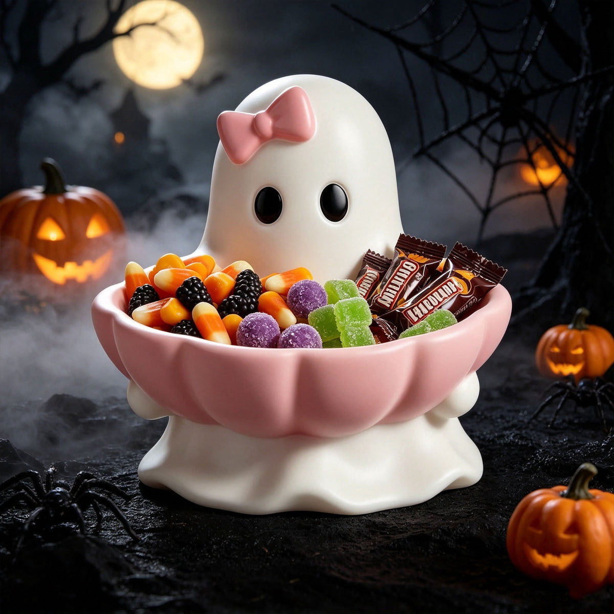 Diceymbol Halloween Pumpkin Snack Bowl Stand Collapsible Broomstick Candy Tray for Cupcakes & Desserts, Resin Serving Platter with Ceramic Pumpkin Bowls