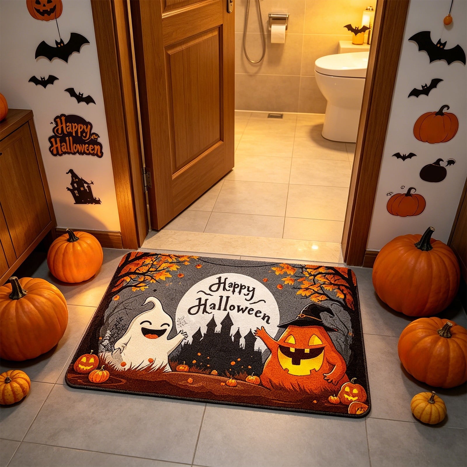 Halloween Doormat Ghost Bath Mat 23.6x15.7in Secure-Grip Absorbent Soft Faux Fur Rug for Bathroom Bedroom Living Room Decor by OVFUIZ