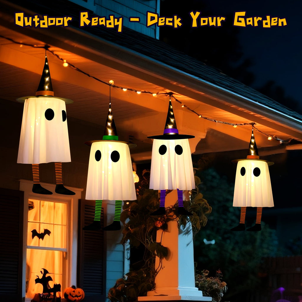 Qoosea 3 Pack Halloween LED Lights Witch Hat Ghost Hangers, Purple/Green/Orange, 3 Lighting Modes, Waterproof Battery Case, Halloween Decorations