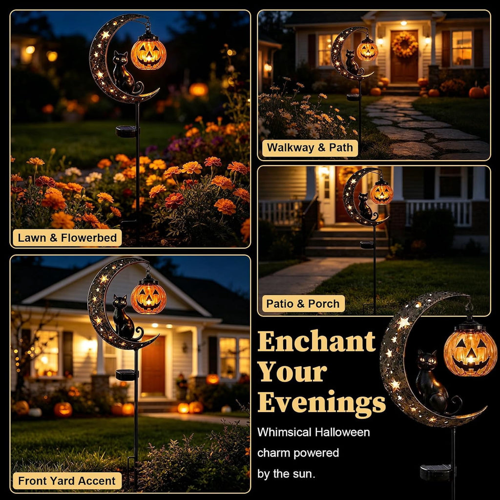 Solar Halloween Black Cat & Pumpkin Moon Garden Stake Light | Waterproof Metal Black Cat Yard Ornament, Auto On Off Solar Outdoor Light, Fall Halloween Decor Stake for Lawn Patio Pathway