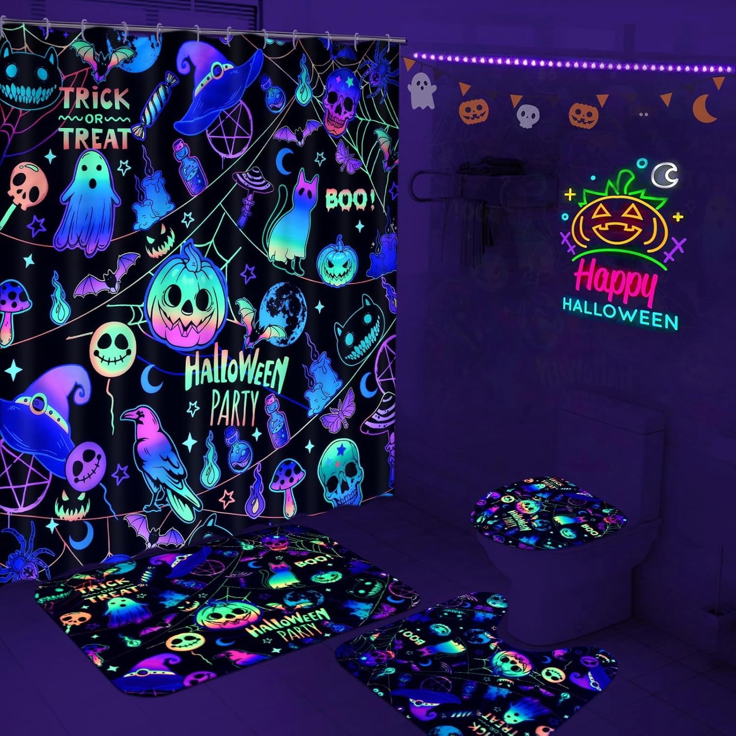 FRAMICS Halloween Shower Curtain Sets with Rugs, 16 Pc Pumpkin Spooky Ghost Bathroom Sets, Black Waterproof Fabric Shower Curtain with 12 Hooks and Toilet Rugs