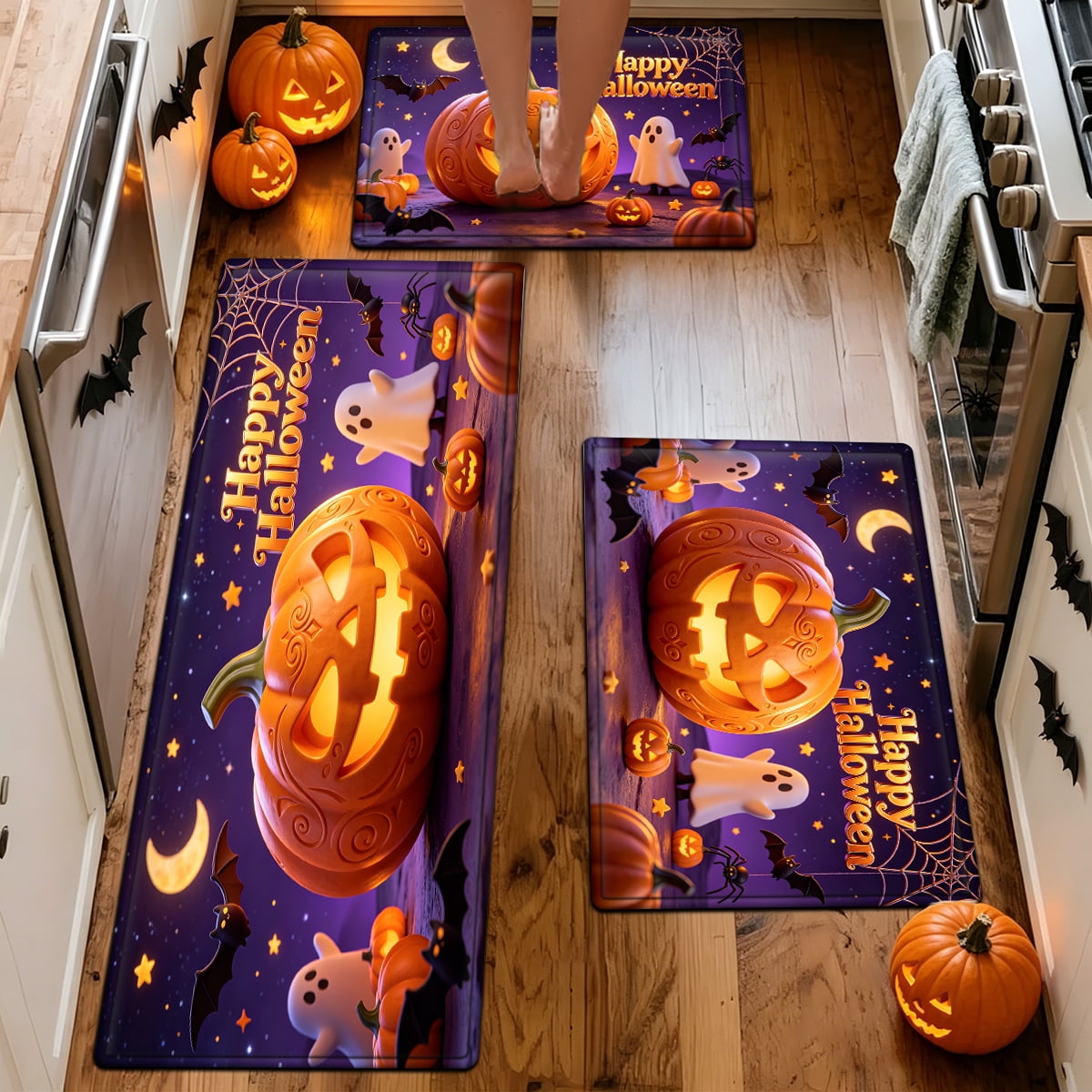 YIMEIS Halloween Pumpkin Lantern 3Pcs Flannel Mat & Kitchen Rugs Set,16''×24'' 20''×30'' 17''×47'' Inches,Soft Non-slip for Home Bathroom