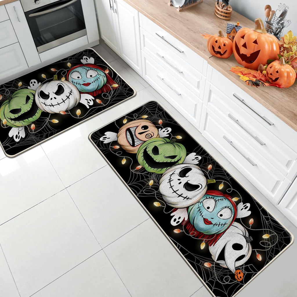 Halloween Jack Skellington Kitchen Rugs Set of 2, Green Monster Mayor Jack O Lantern Pumpkin Kitchen Mats Decor, Funny Holiday Ghost Floor Door Mat Home Decorations - 17x29 and 17x47 Inch