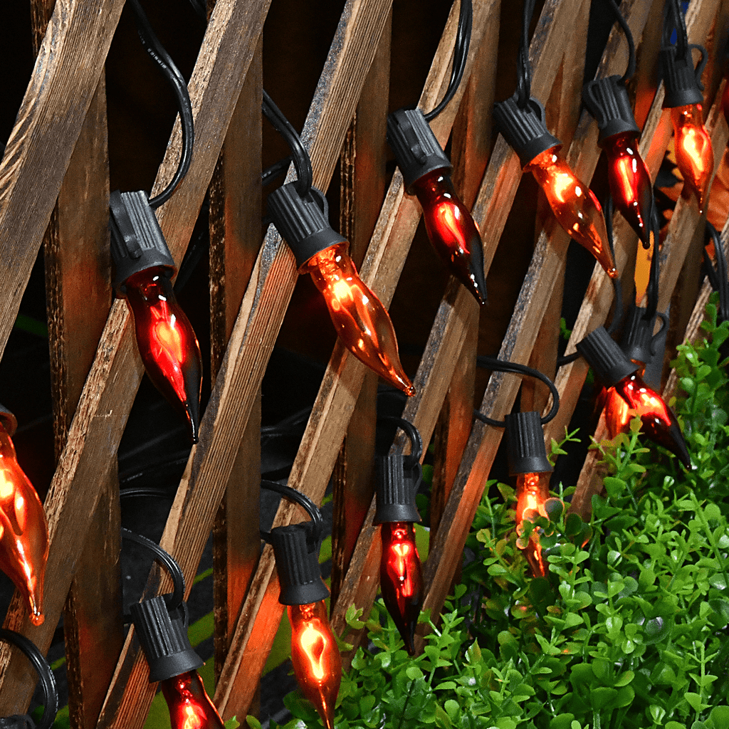 Halloween Lights Flickering Flame String Lights with 12 Pack C7 Orange Flame Light Bulbs (2 Spare), 12.8Ft Orange Flame String Lights for Indoor Outdoor Home Party Yard Halloween Decorations