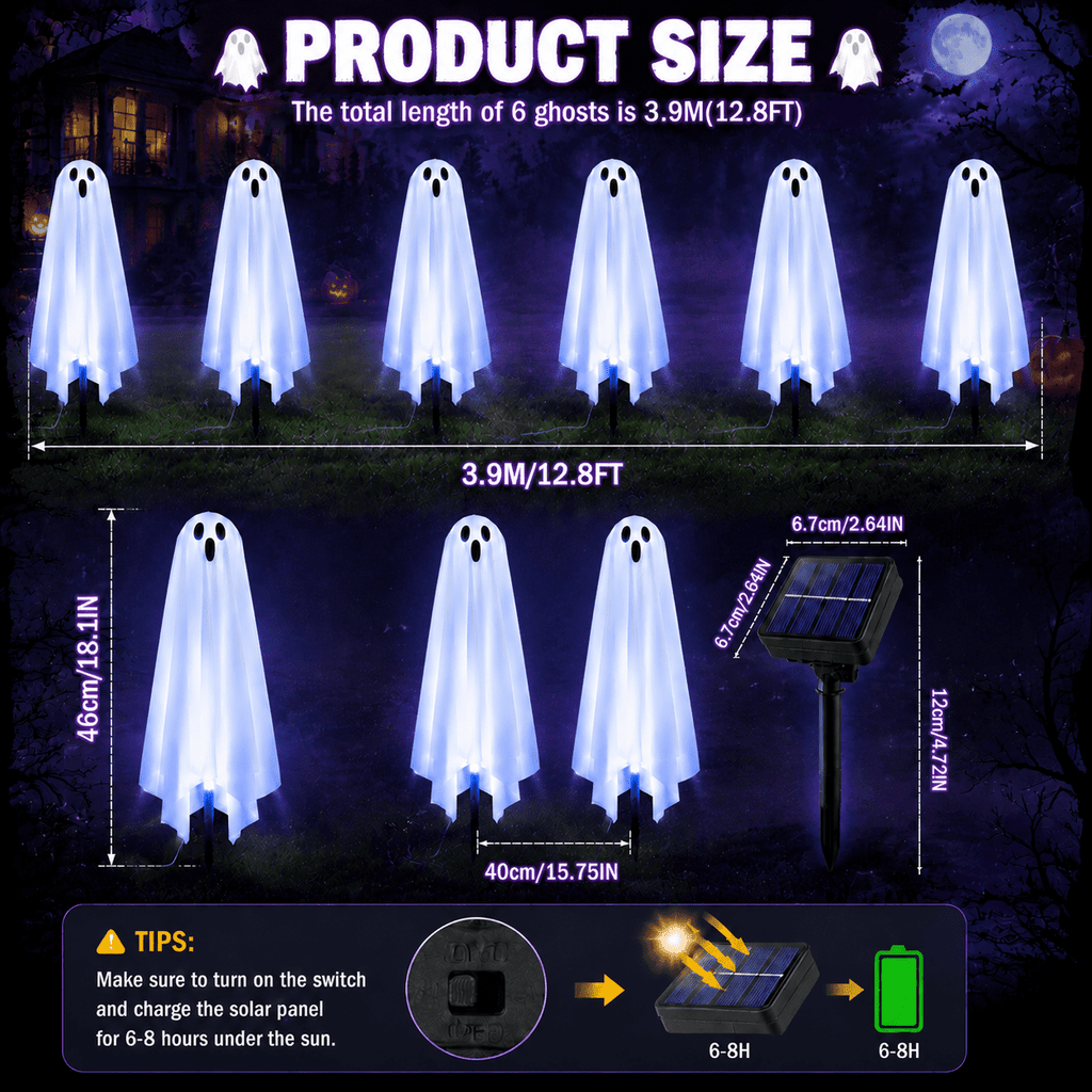 6 Pack Solar Halloween Ghost String Stake Lights, White LED Pathway Lights with 8 Lighting Modes, Waterproof Outdoor Halloween Decor for Garden Yard Lawn Walkway Graveyard Decor