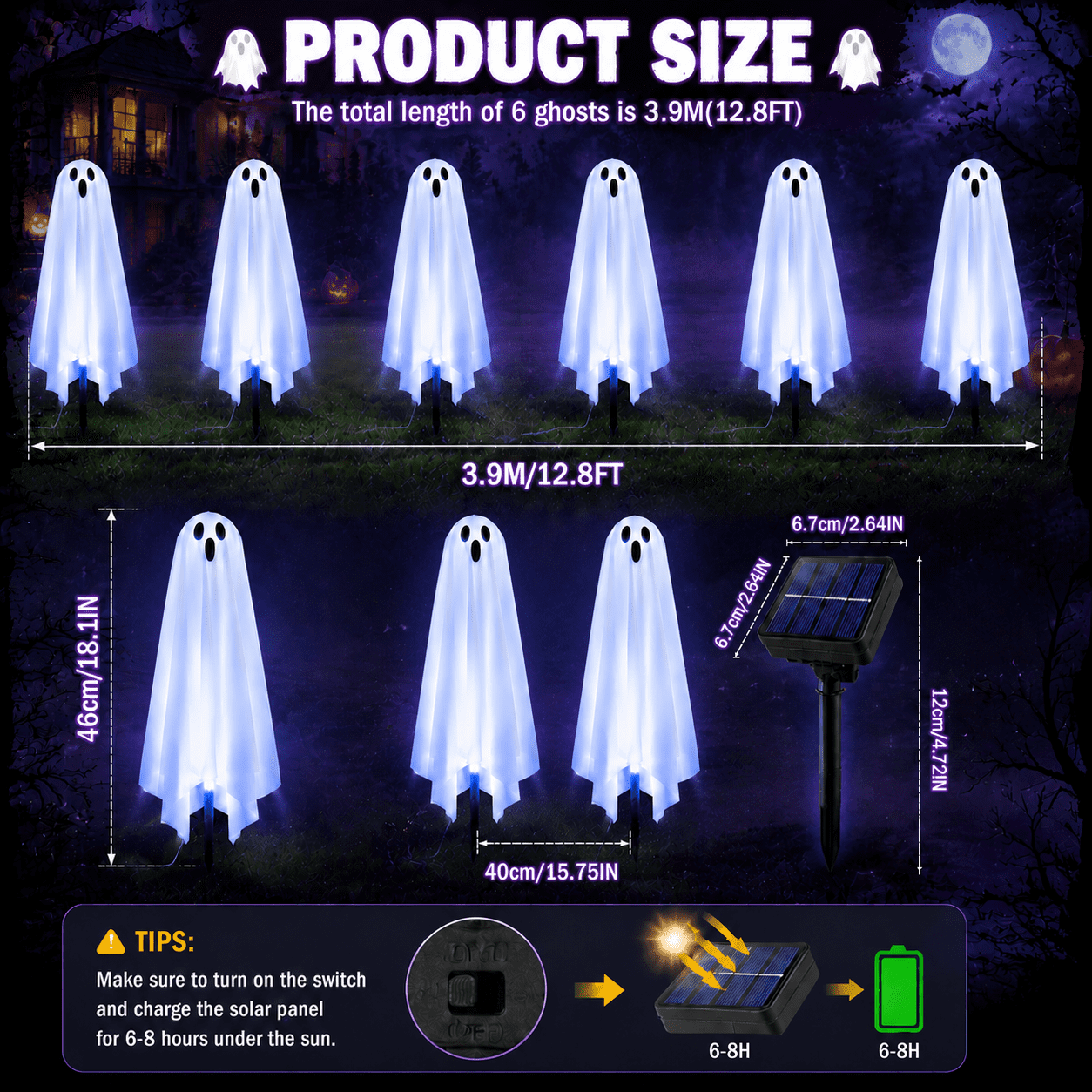 6 Pack Solar Halloween Ghost String Stake Lights, White LED Pathway Lights with 8 Lighting Modes, Waterproof Outdoor Halloween Decor for Garden Yard Lawn Walkway Graveyard Decor