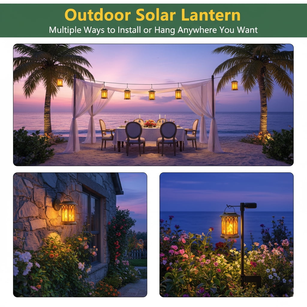 4 Pack Solar Lantern Outdoor Lights, Upgraded Flickering Flame Solar Lanterns Lights Outdoor Waterproof, Hanging Lantern Decorative Solar Powered Lanterns for Yard Patio Path Tree Garden Decor