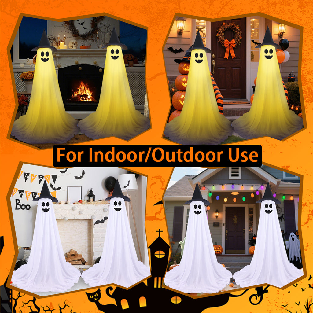 2Pcs Halloween Decorations Outdoor Ghost, DIY Ghost Kit Decor with Witch Hat Remote Control String Lights Halloween Decorations Indoor Halloween Ghost Lights for Porches Yards Gardens Lawn
