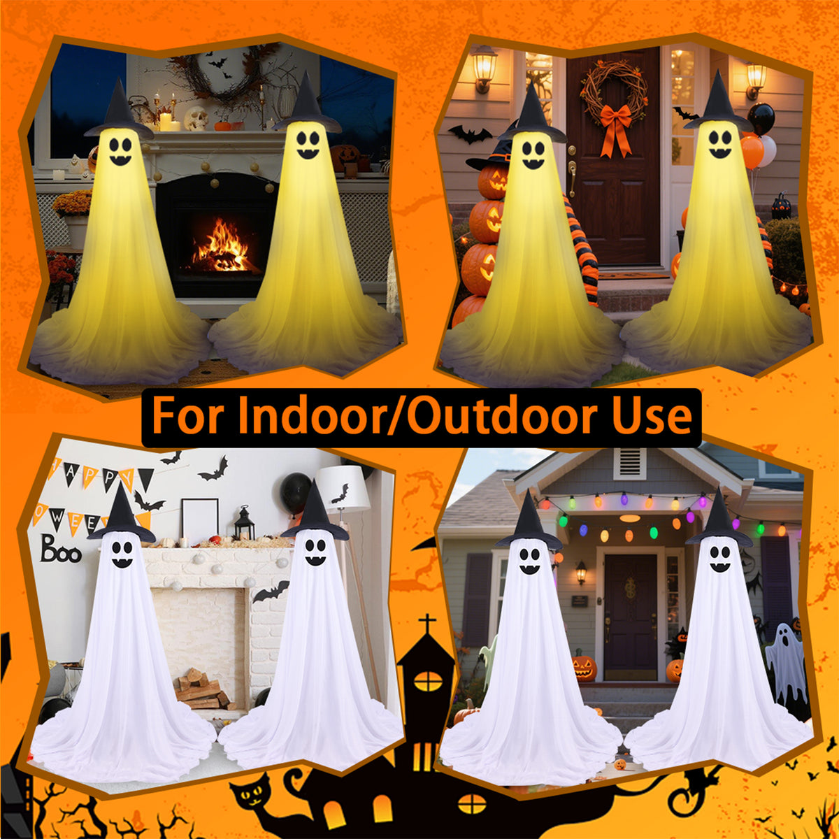 2Pcs Halloween Decorations Outdoor Ghost, DIY Ghost Kit Decor with Witch Hat Remote Control String Lights Halloween Decorations Indoor Halloween Ghost Lights for Porches Yards Gardens Lawn