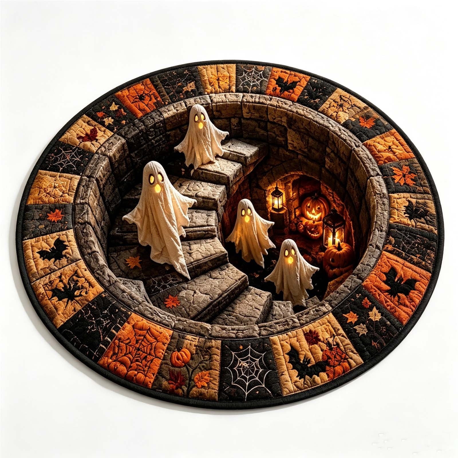 Halloween Round Rug Optical Ghost Pumpkin Mat 15.75in Diameter Polyester Skidproof & Soft for Entryway Bedroom Party by MPOISVA