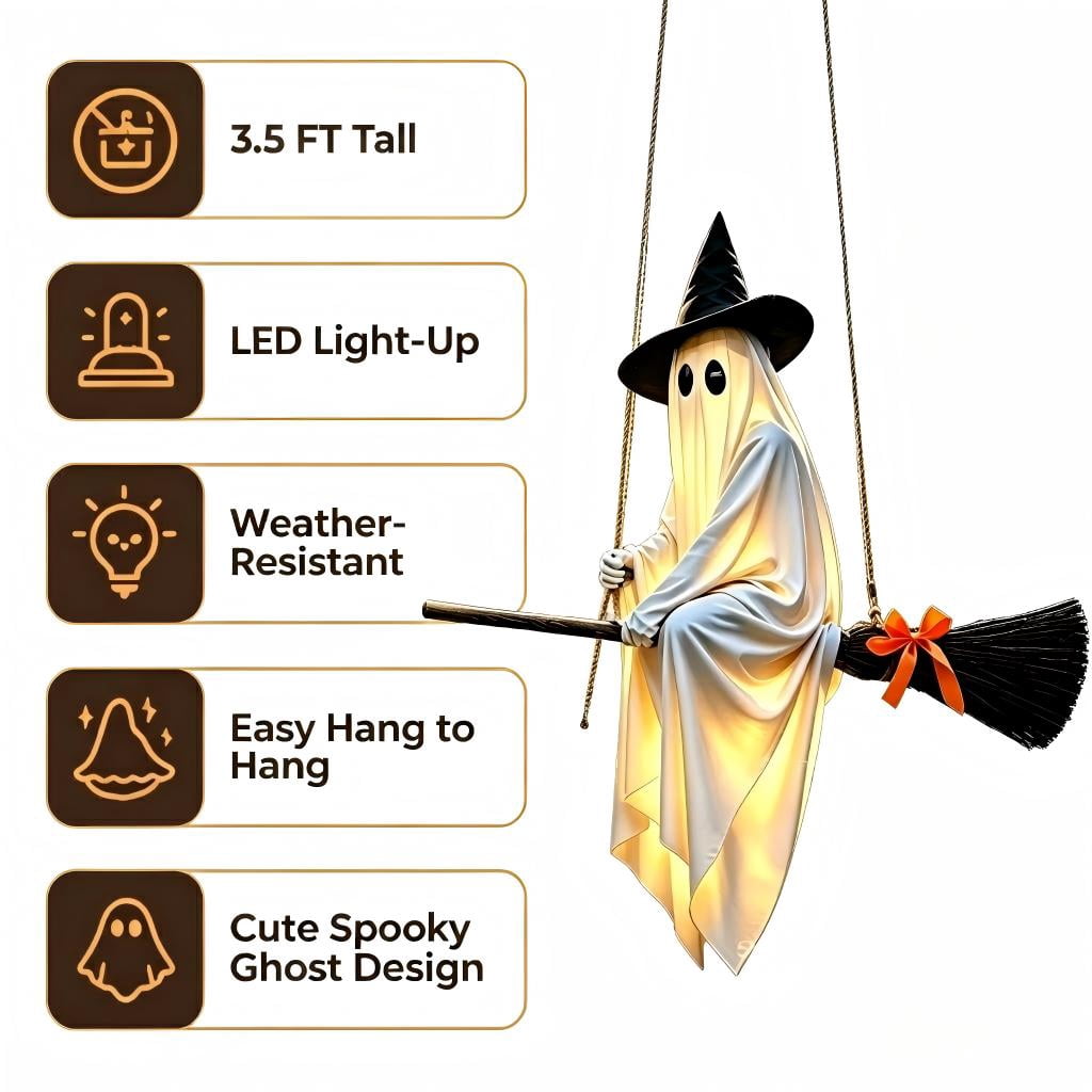 5 FT DIY Hanging Swing Ghost Halloween Decor, Light-Up Flying Ghost on Broomstick with Witch Hat, Spooky Cute Outdoor Halloween Decorations for Front Porch Yard Tree (Remote-controlled light-up )