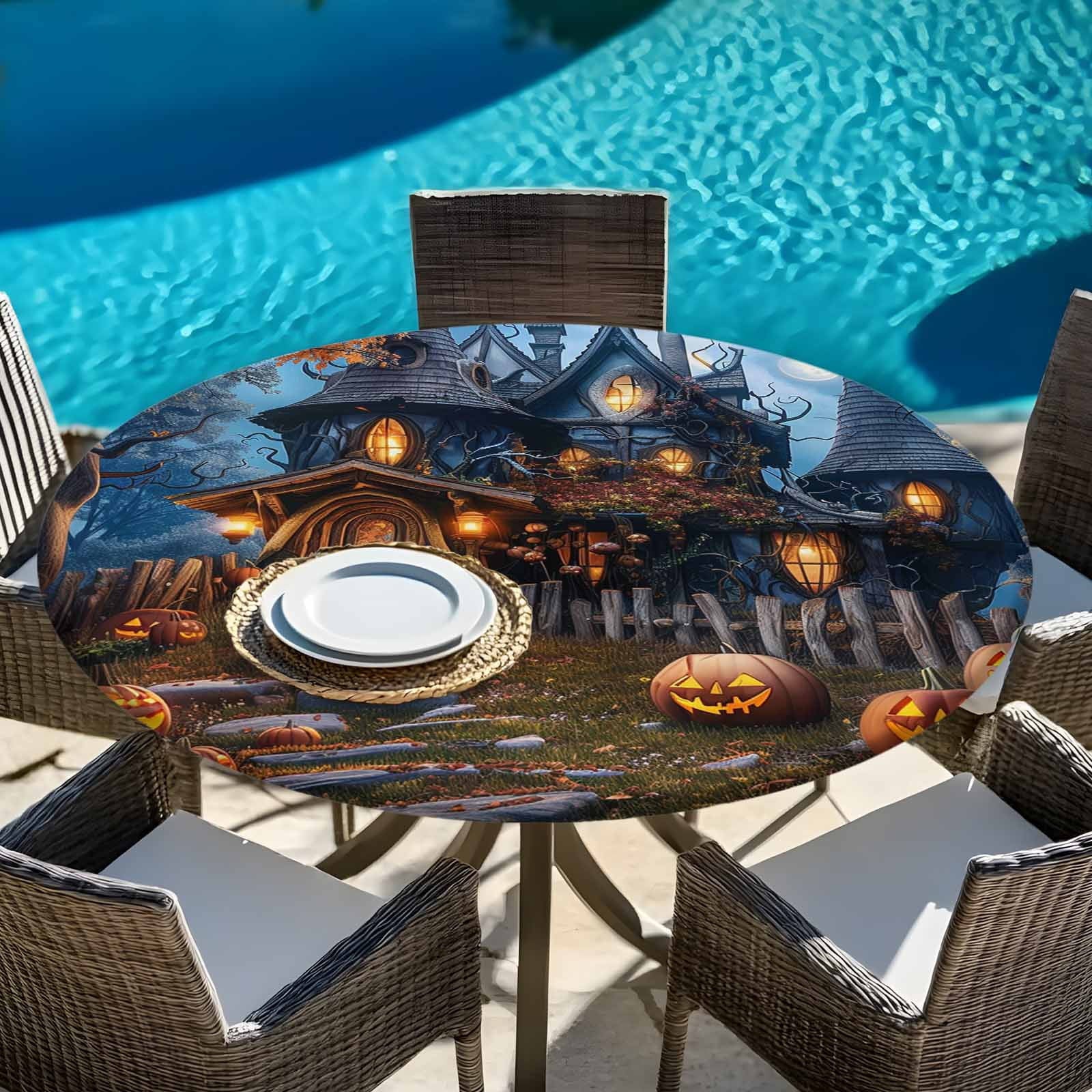 Halloween Round Tablecloth 36-44 Inch Round Fitted Table Cloth with Elastic Edge, Forest Ghost Pumpkin Castle Vintage Cottage Waterproof Table Cover Protector for Outdoor Picnic Party Dining